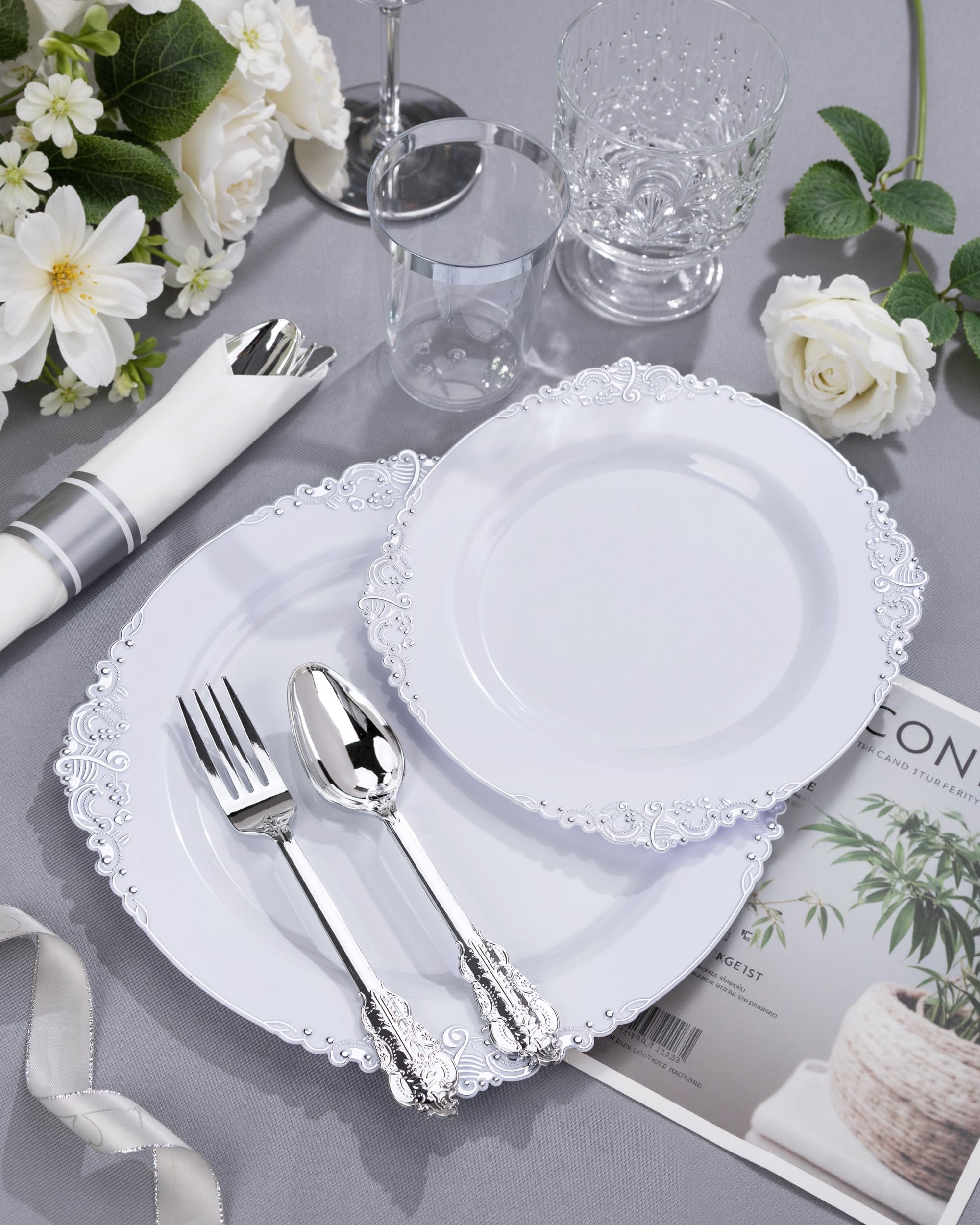 Nervure 175PCS Clear Blue Plastic Plates - Plastic Dinnerware Set Include 25Dinner Plates, 25Dessert Plates, 25Cups, 25Forks, 25Knives, 25Spoons, 25Napkins Perfect for Wedding & Party