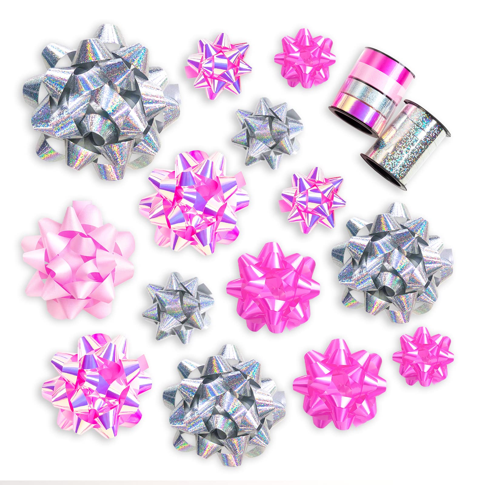 WRAPAHOLIC 14 Pcs Gift Bows Assortment - 12 Multi Colored Assorted Size Gift Bows (Purple, Pink, White, Rose Gold, Silver) and 2 Crimped Curling Ribbons, Perfect for Christmas, Holiday, Party