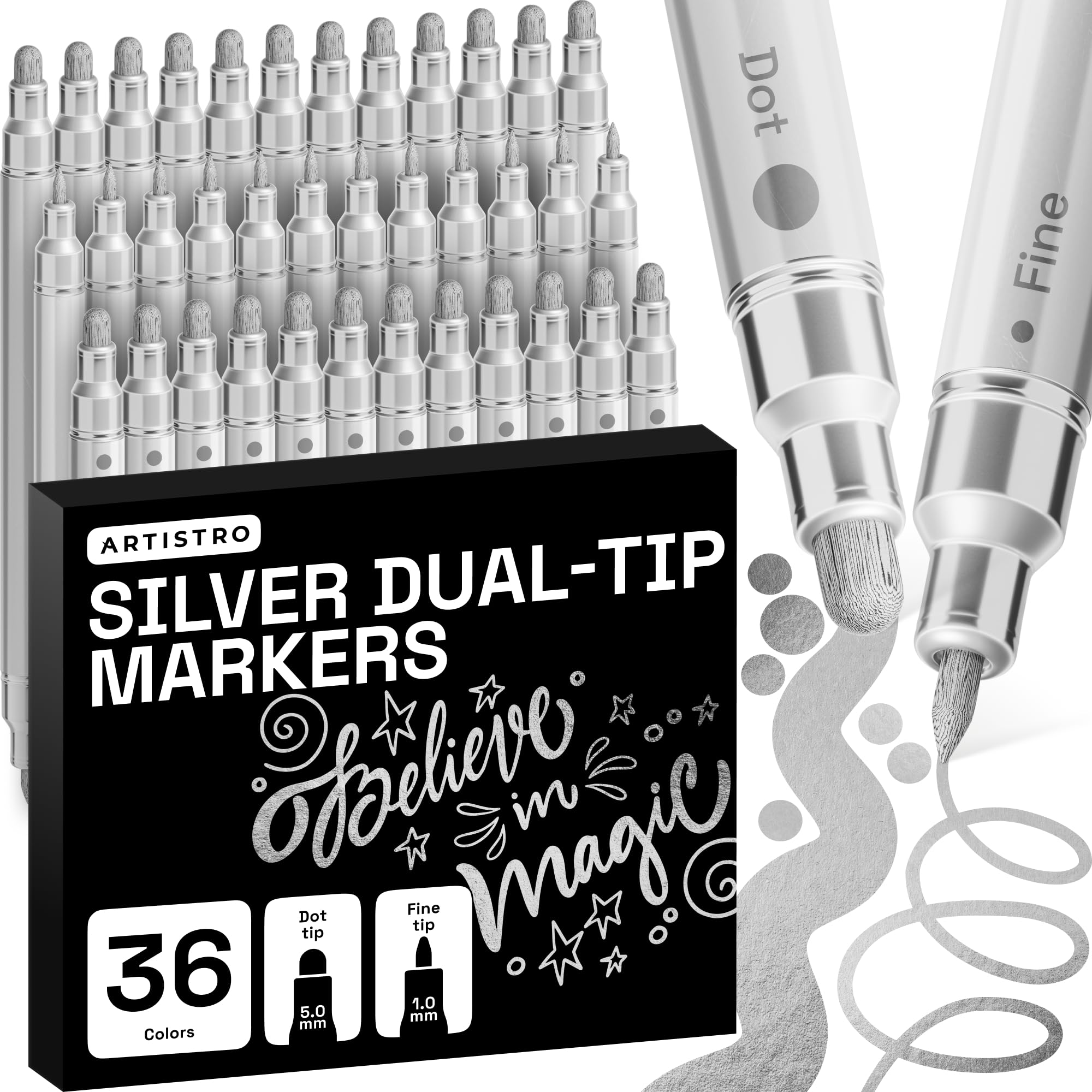 ARTISTRO 36 Dual Tip Pens, Dot & Fine Tips Paint Markers – Paint Pens Set for Fabric, Rock, Glass, Wood, Coloring Books – Arts & Crafts Gift – Classroom Must Haves & School Supplies