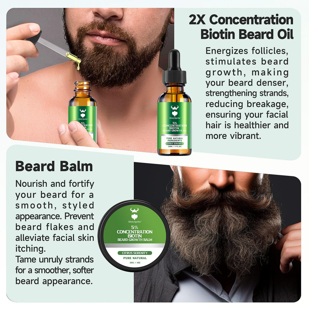 MistySprite Beard Growth Kit for Men, 2X Concentration Biotin Beard Oil & Styling Balm, Natural Facial Hair Conditioner with Argan, Jojoba & Vitamin E, Sandalwood Scent Softener