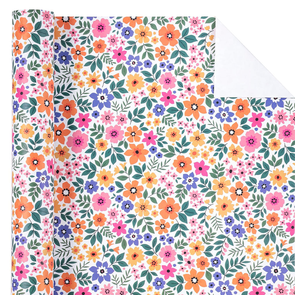 WRAPAHOLIC Kraft Floral Wrapping Paper Roll - Mini Roll - 17 Inch x 9.8 Feet - Spring Summer Garden Flower Design Perfect for Wedding, Bridal Shower, Birthday
