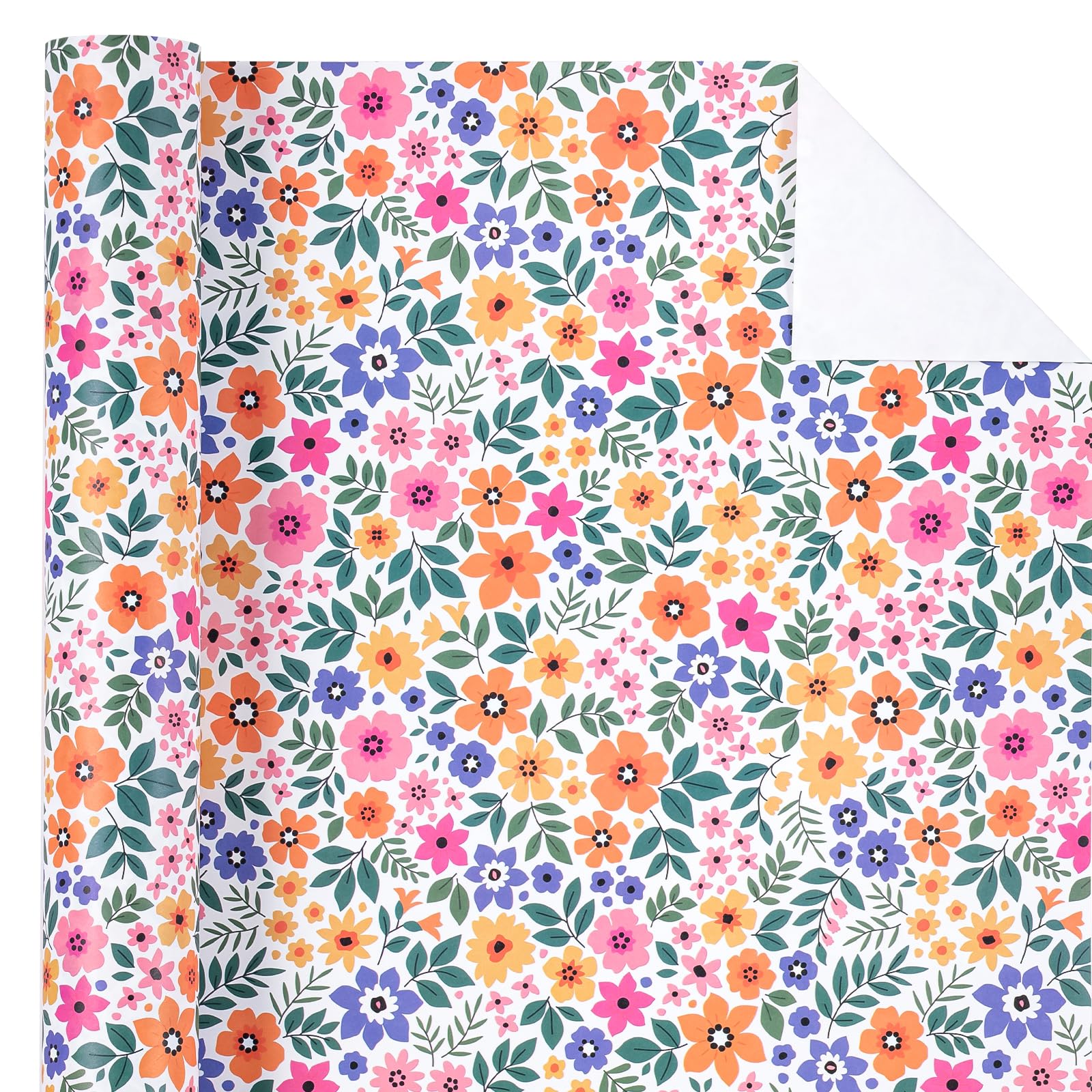 WRAPAHOLIC Kraft Floral Wrapping Paper Roll - Mini Roll - 17 Inch x 9.8 Feet - Spring Summer Garden Flower Design Perfect for Wedding, Bridal Shower, Birthday