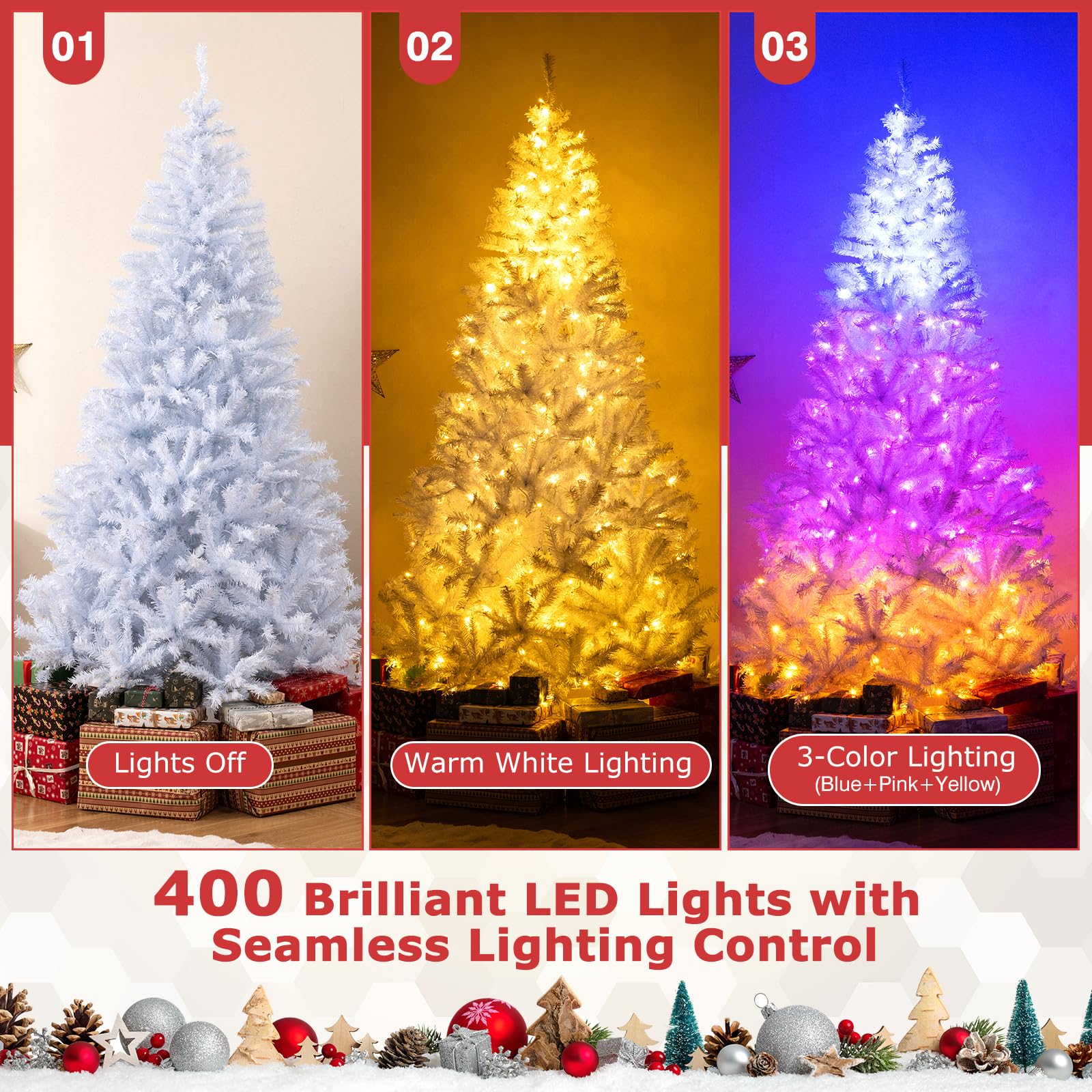 Goplus 7FT Pre-Lit Artificial Christmas Tree Auto-Spread/Close up Branches 11 Flash Modes with Multicolored 400 LED Lights & Metal Stand