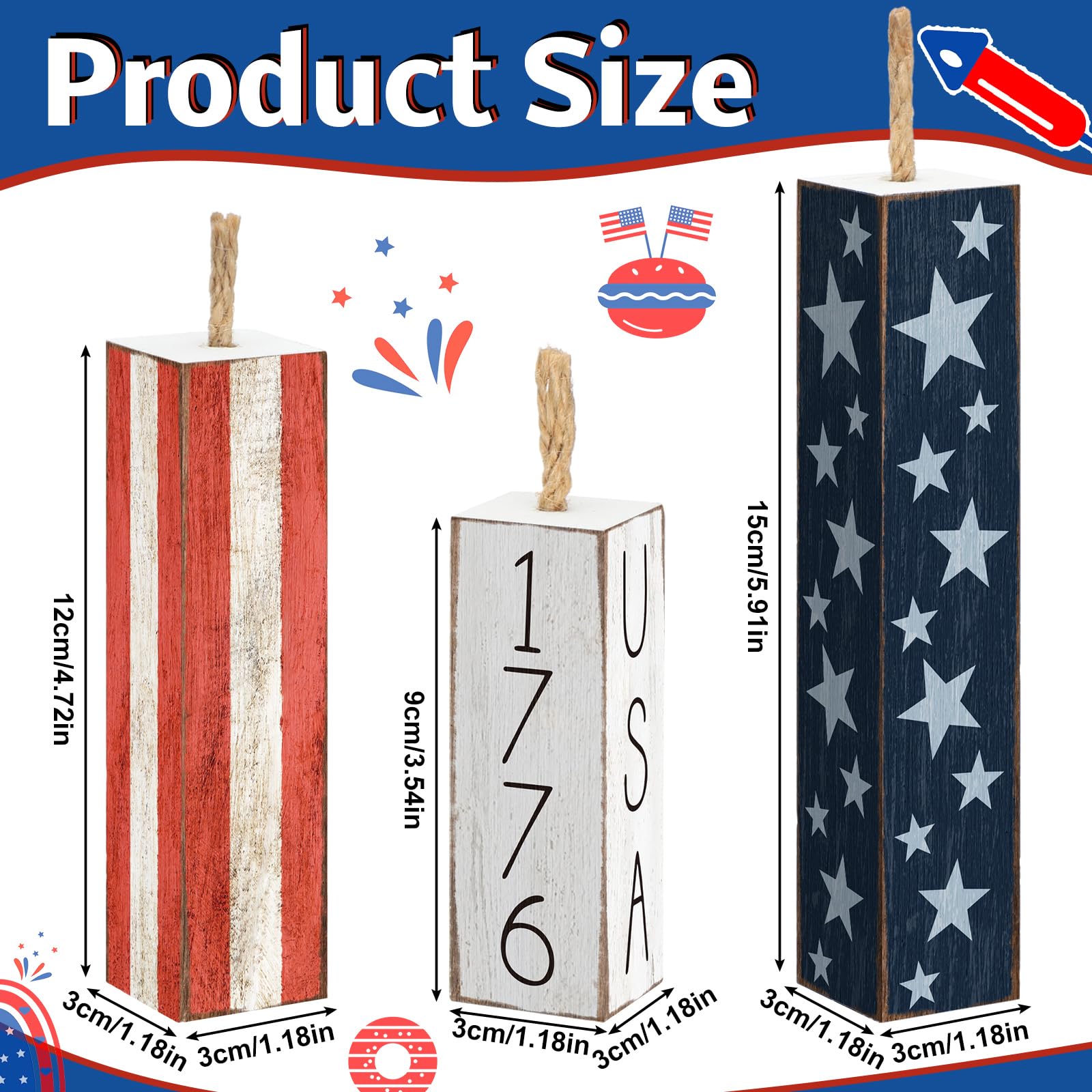 Amyhill 3 Pcs 4th of July Decorations Set Wooden Patriotic Table Centerpieces Independence Day Wood Firework Fourth of July Table Signs for 250th Anniversary Home Farmhouse Decor (Flag)