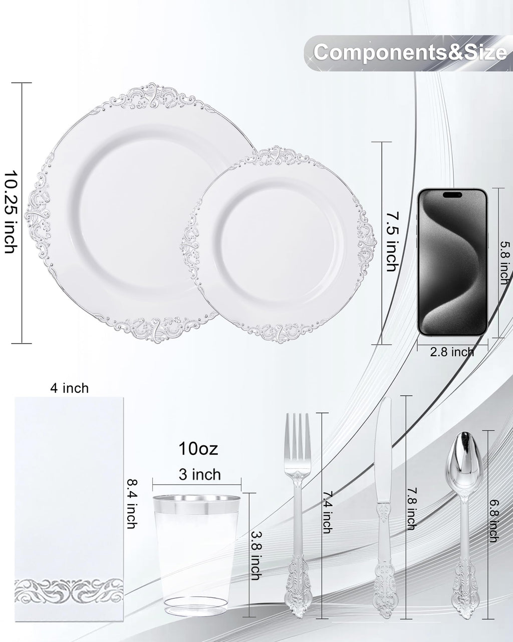 Nervure 175PCS Clear Blue Plastic Plates - Plastic Dinnerware Set Include 25Dinner Plates, 25Dessert Plates, 25Cups, 25Forks, 25Knives, 25Spoons, 25Napkins Perfect for Wedding & Party