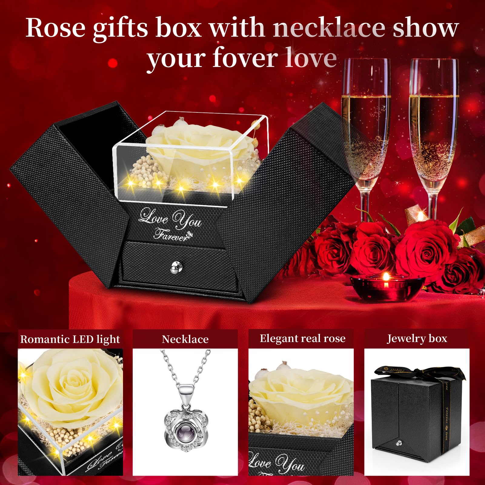 Lebana Preserved Red Real Rose with Heart I Love You Necklace -Mothers Day Gifts for Mom Her Wife Girlfriend Grandma on Valentines Mothers Day Christmas Birthday Anniversary Romantic-Red