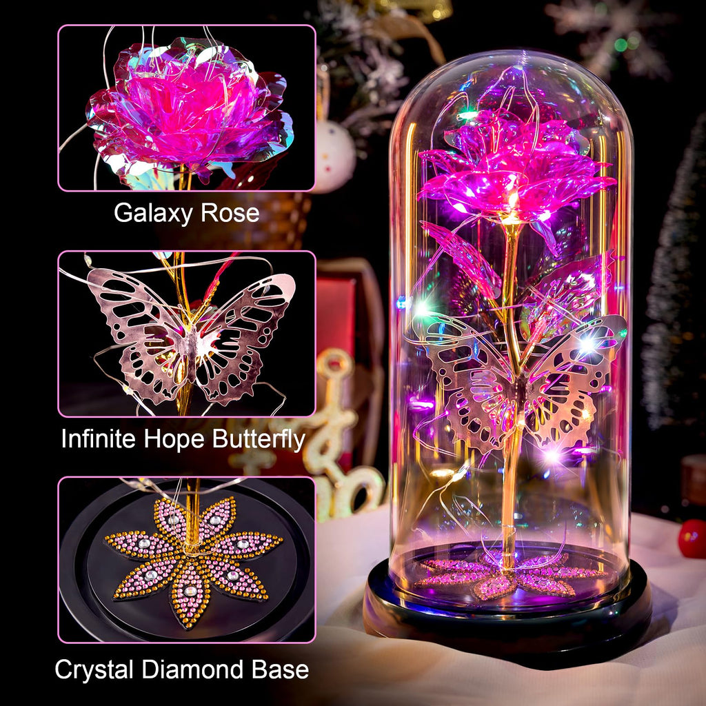 Pusuny Mothers Day Flowers Gifts for Mom Women Birthday Gift Galaxy Glass Rose Forever Eternal Crystal Flowers Rose in Glass Dome with Butterfly Mother's Day Roses Gifts for Mom Daughter Wife Purple