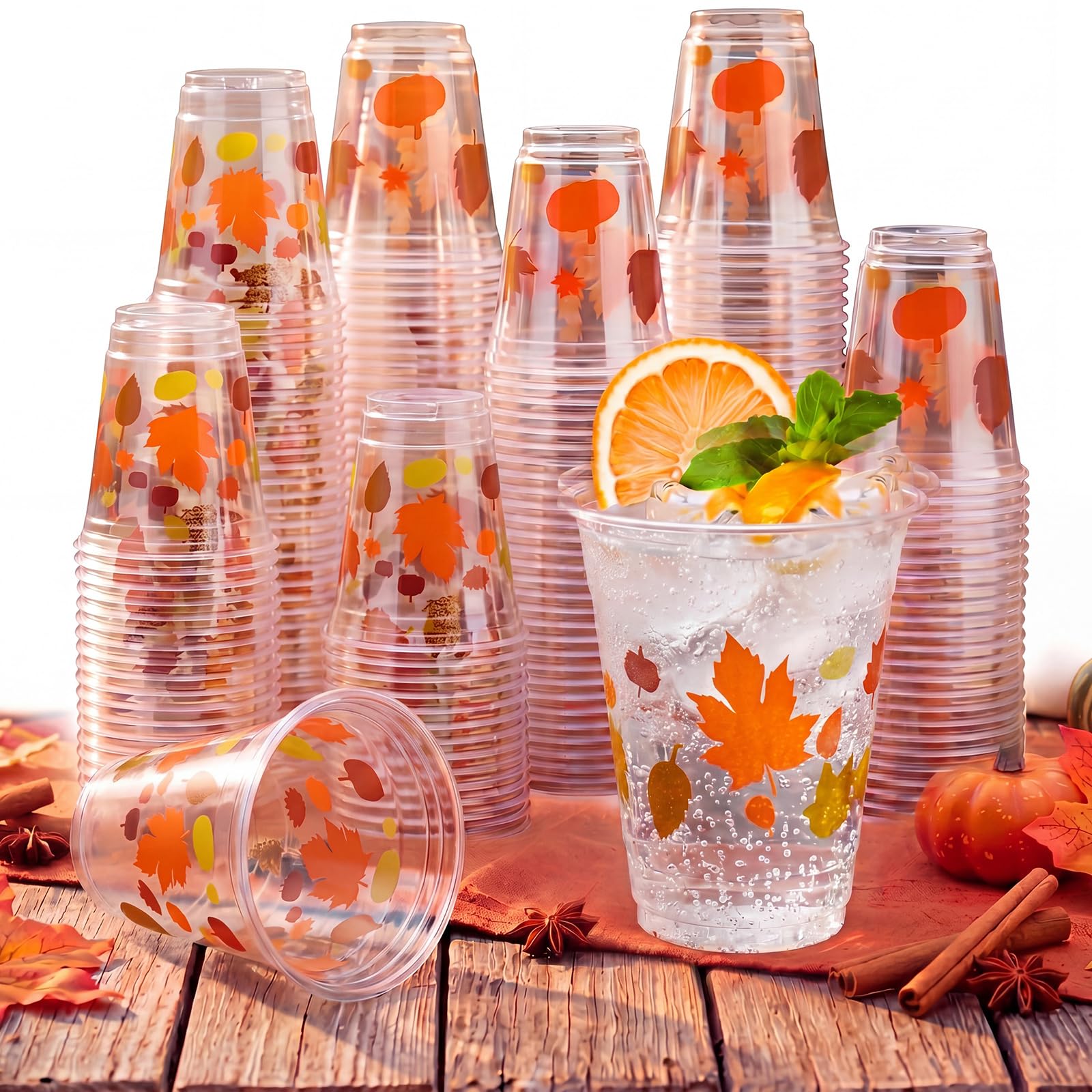 Uiifan 45 Pcs Fall Pumpkin Cups Bulk 16oz Fall Party Supplies Thanksgiving Disposable Plastic Drinking Cups Pumpkin Maple Leaf Decoration for Autumn Harvest Wedding Party Supplies