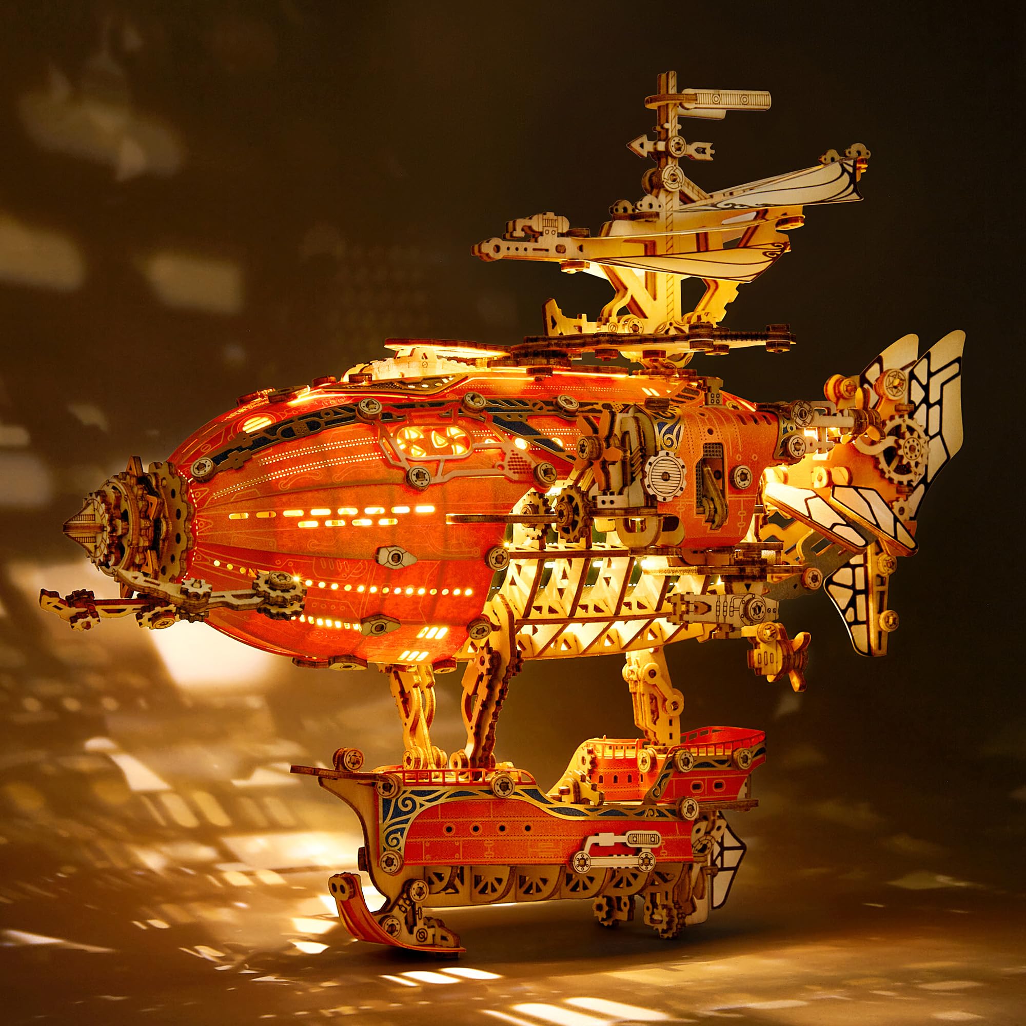 FUNPOLA LED 3D Wood Puzzle Fantasy Airship Model - Steampunk DIY Craft Kit with LED Lights – Intricate Wooden Airship Model Building Set for Teens and Adults(Gray)