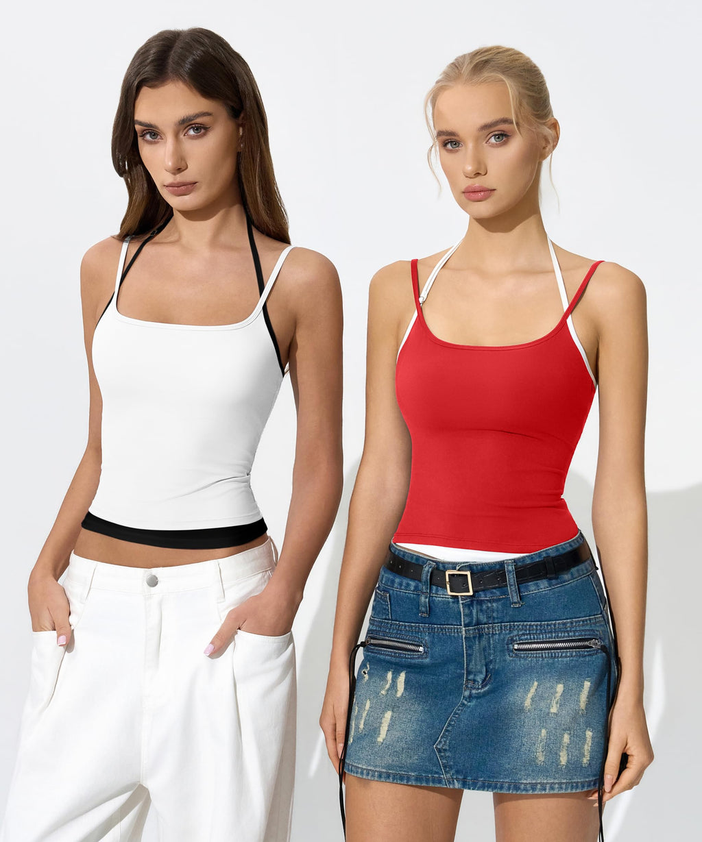 QINSEN Women's Spaghetti Strap Tank Top Slim Fitting Layered Halter Neck Sleeveless Crop Cami Shirt