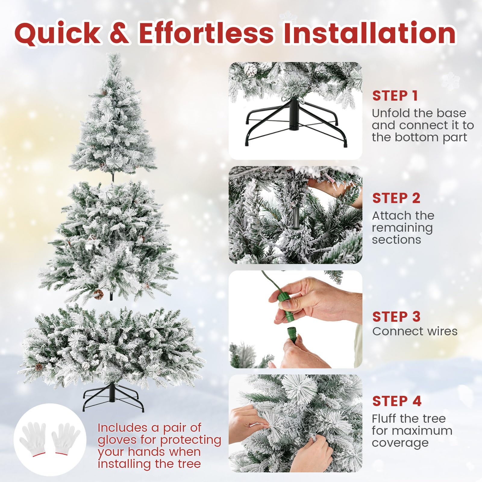 Goplus 7ft Pre-Lit Snow Flocked Christmas Tree, Artificial Hinged Xmas Tree with 320 Multi-Color LED Lights, 8 Lighting Modes, 1270 Branch Tips, Pine Needles, Pine Cones, Holiday Office Home Décor