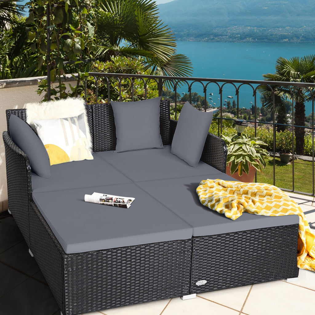 Tangkula Patio Rattan Daybed with Retractable Canopy, Outdoor Wicker Sunbed Lounger with 2 Foldable Side Tables, Thick Seat & Back Cushions, Outside Double Daybed for Garden, Backyard, Porch