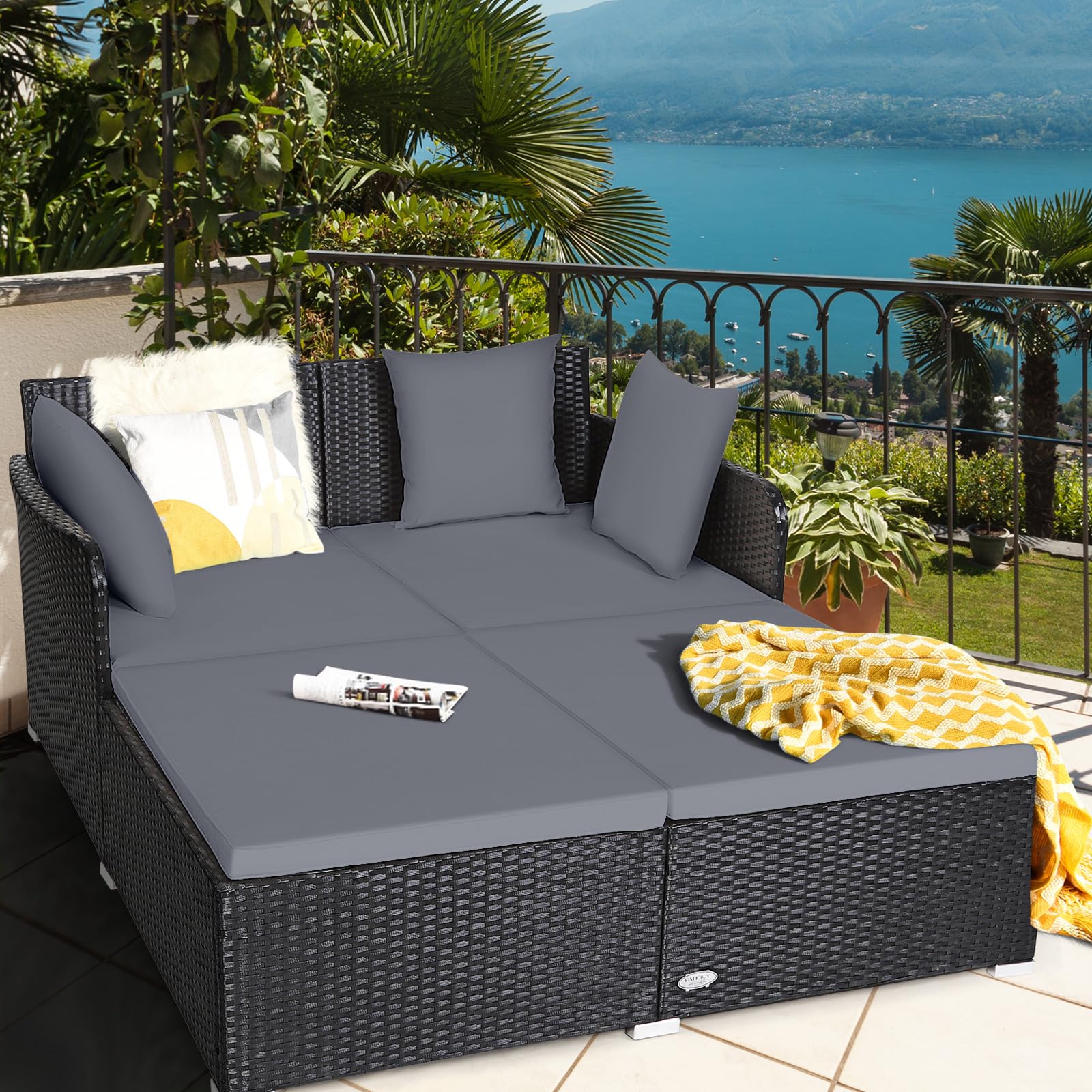 Tangkula Patio Rattan Daybed with Retractable Canopy, Outdoor Wicker Sunbed Lounger with 2 Foldable Side Tables, Thick Seat & Back Cushions, Outside Double Daybed for Garden, Backyard, Porch