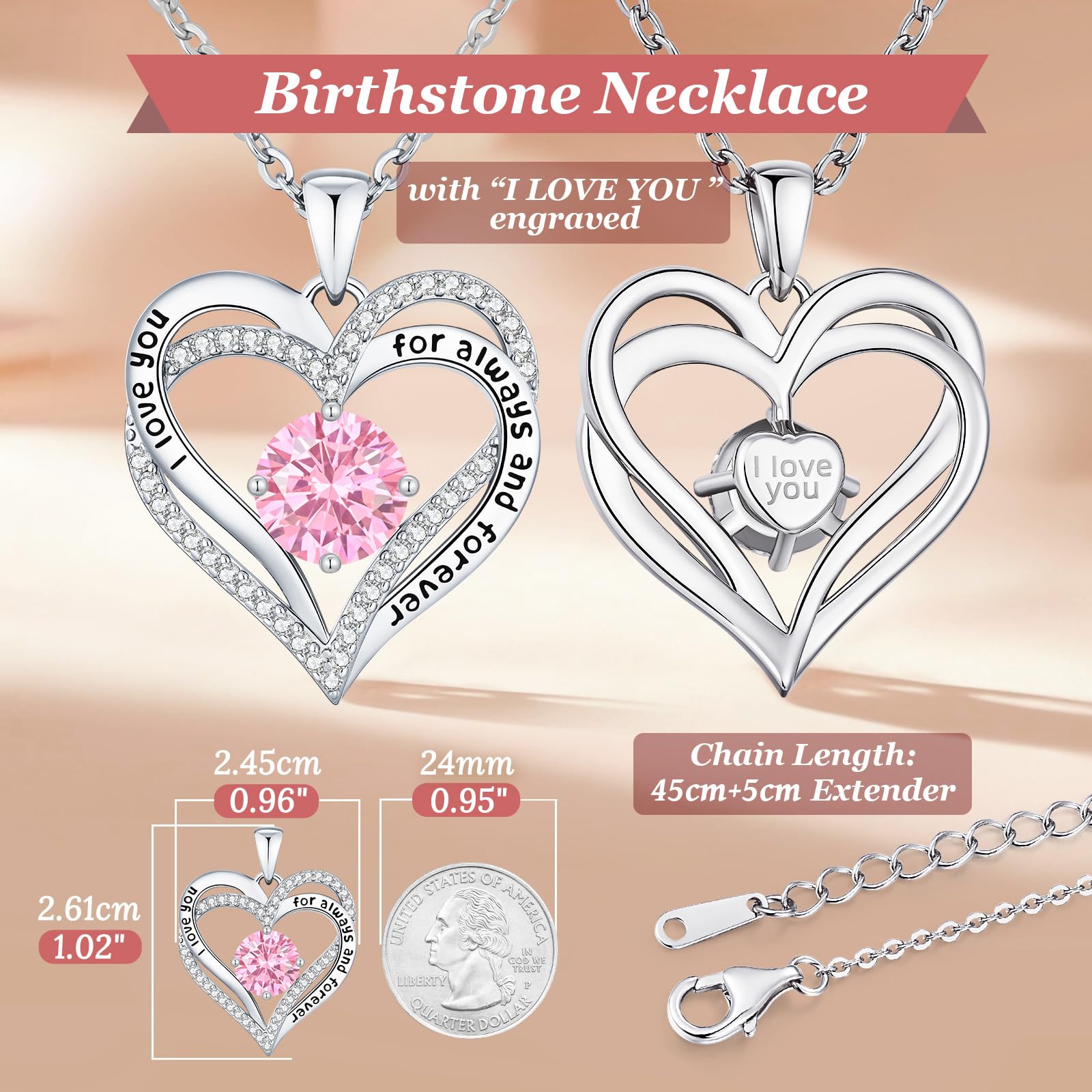 CDE Forever Love Heart Necklaces for Women, Wedding Anniversary, Valentine's，Birthday Mothers Christmas Day Gifts for Mom, Mother, Wife, S925 Silver Jewelry with Birthstone Pendant