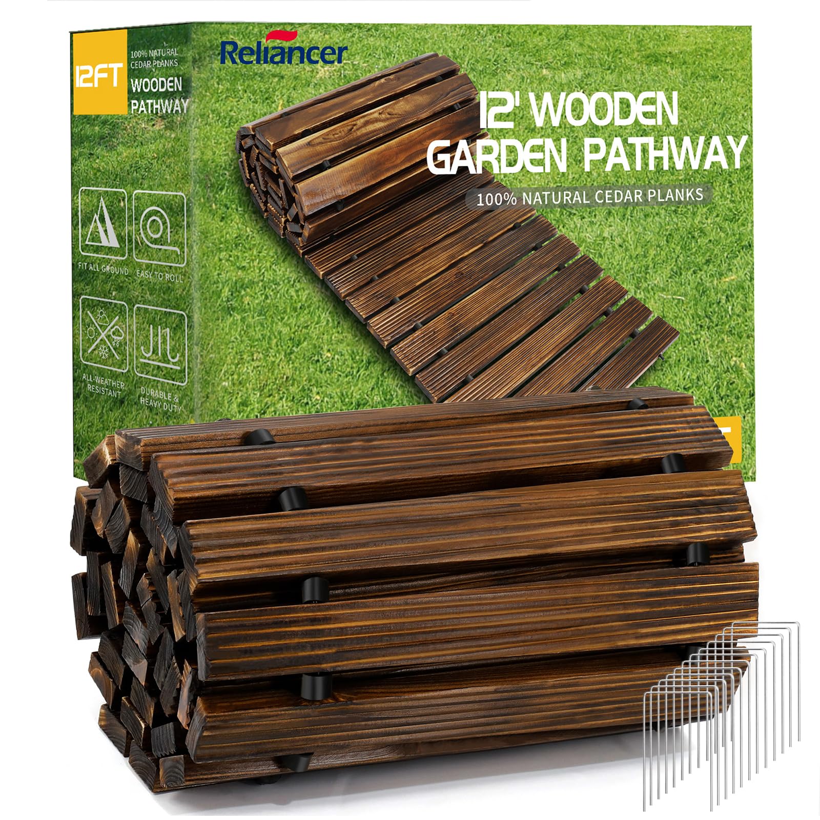RELIANCER 8' Wooden Garden Pathway,Outdoor Roll Out Cedar Straight Walkway,Patio Path Decorative Garden Boardwalk Walkways,Weather-Resistant Roll Up Beach Wood Road Floor,Wedding Party Pathways