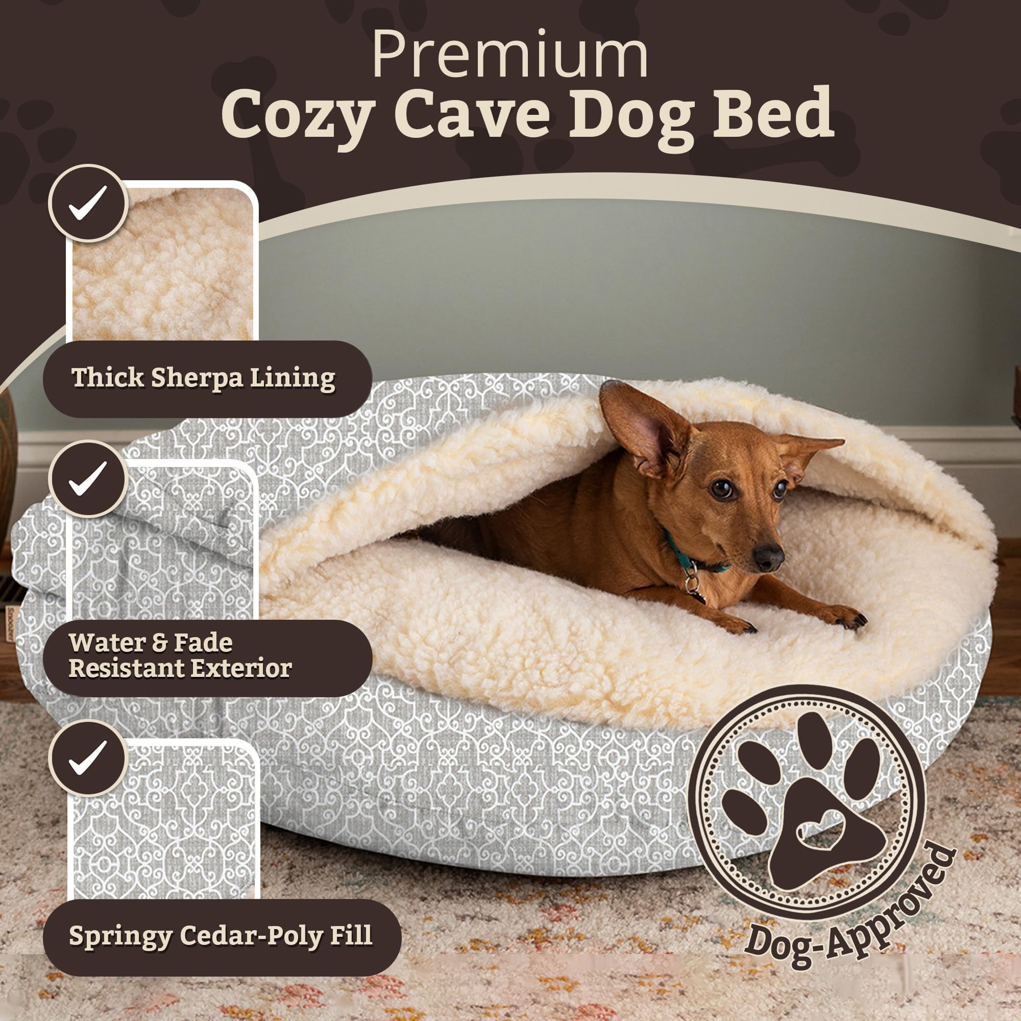 Snoozer Cozy Cave Dog Bed - Indoor Dog Bed with Cover Cave, Covered Calming Burrow for Small Sized Pets with Blanket Attached, Enclosed, Removable Washable Cover - Small, Navy