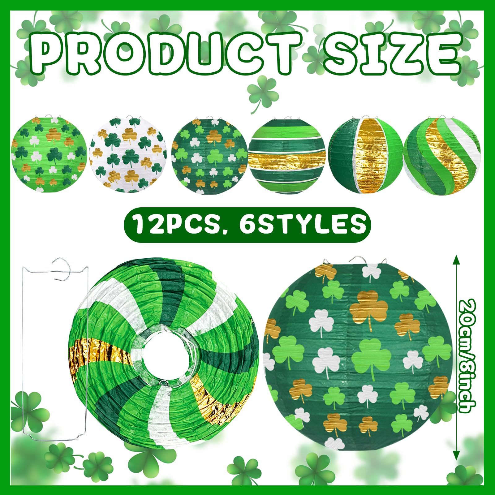 12 PCS Lucky Green Paper Lanterns, 8" Hanging Clover Decorations for Garden Party, Casino Night, The Lucky One Baby Shower, Irish Wedding & Spring Events, St. Patrick's Day
