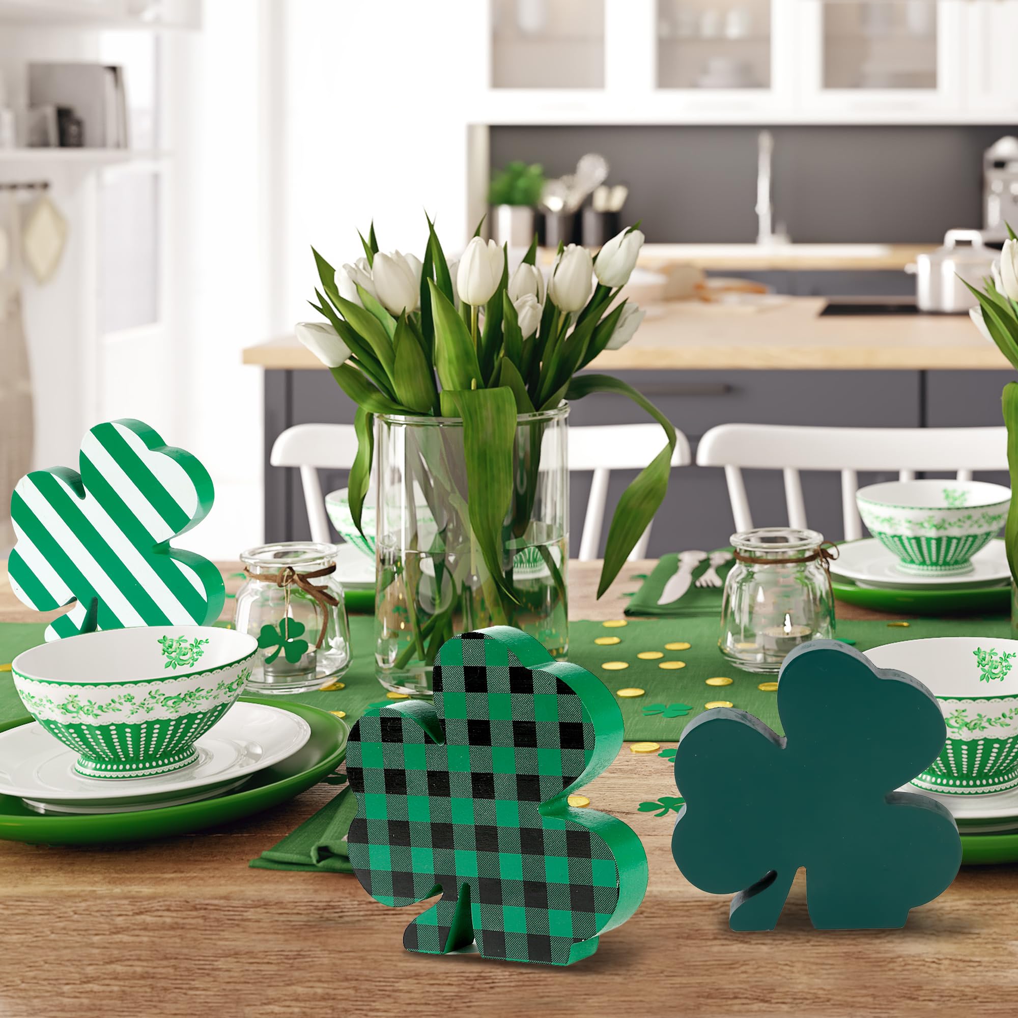 Sggvecsy 4 Pieces St Patrick’s Day Decorations Wooden Sign Tiered Tray Decor with Shamrock Clover Irish Lucky Sign Table Centerpiece Farmhouse Rustic Decoration for Table Home Fireplace Indoor Decor