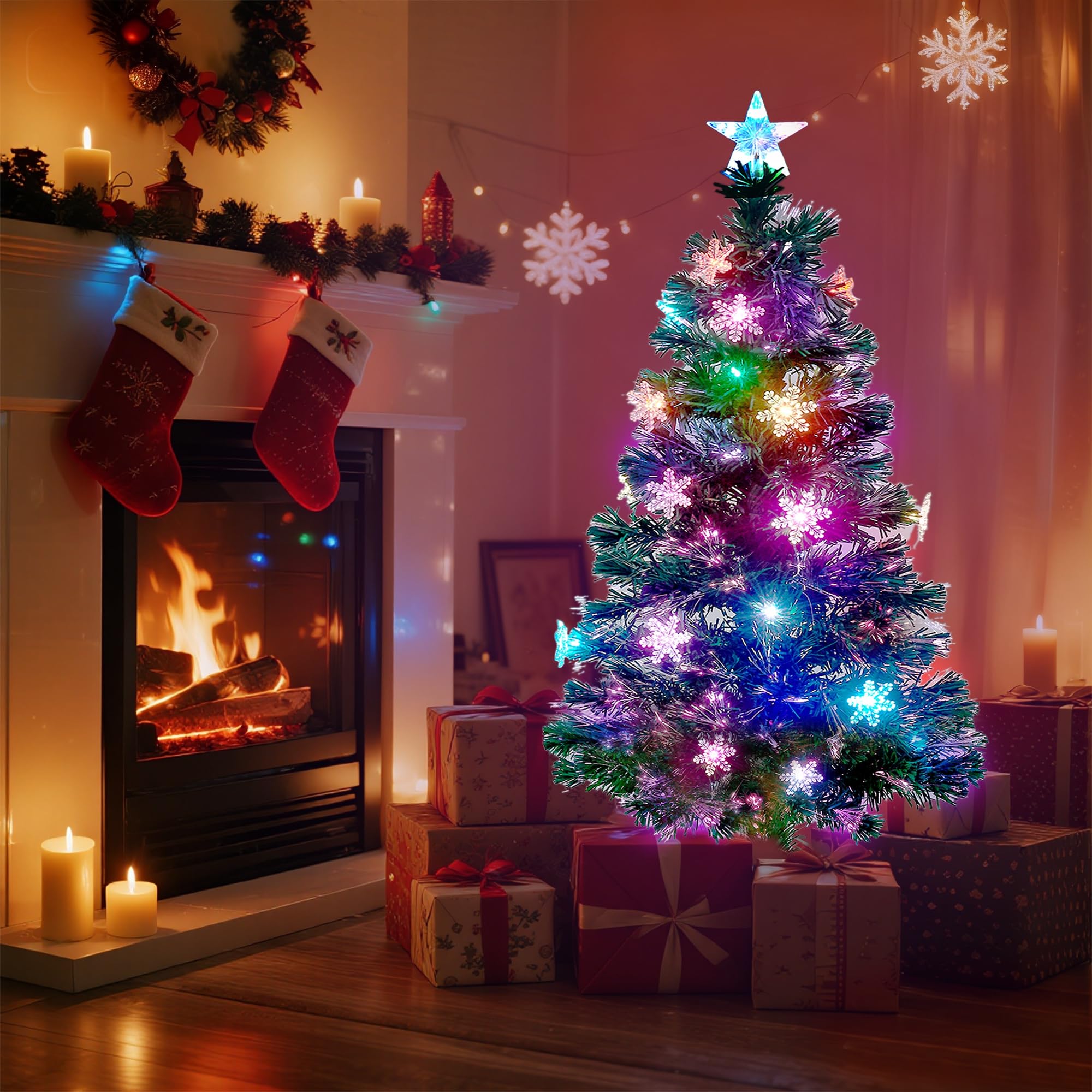 Prsildan 4 FT Artificial Christmas Tree, Pre-Lit Optical Fiber Xmas Trees with Multicolor LED Lights, Snowflakes & Top Star, Lighted Christmas Tree Holiday Home Decor
