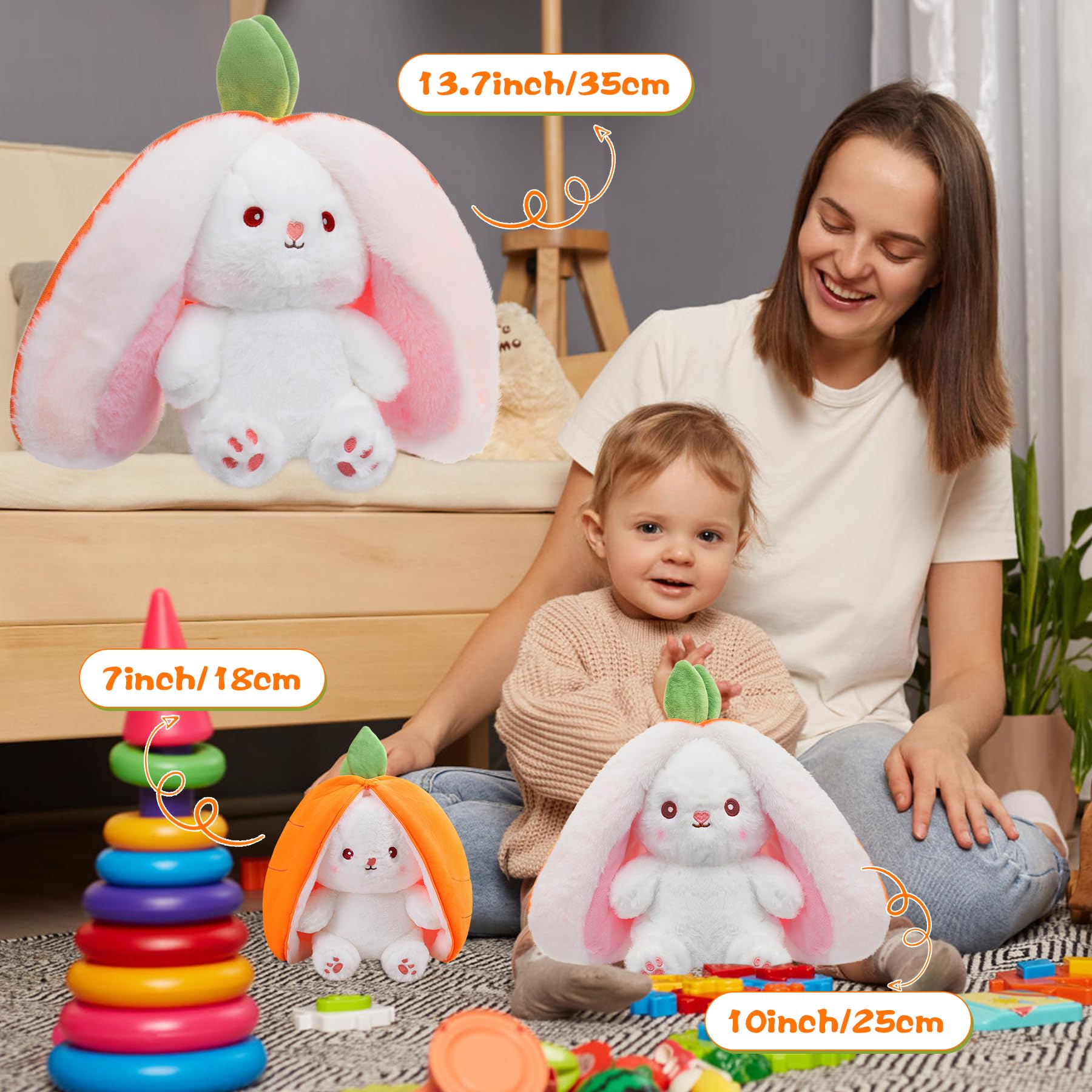 MIAODAM Bunny Stuffed Animal Reversible Cuddle Bunny Stuffed,Strawberry Bunny Transformed Rabbit Plush Zipper,Turns Into Ears Bunnies Plushies Toy Cute Stuffy Doll Easter