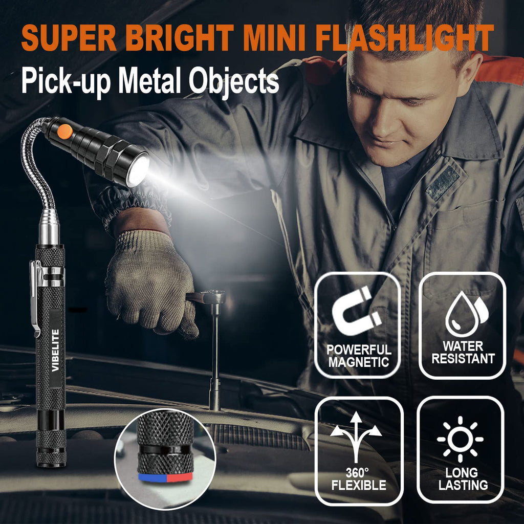 VIBELITE Extendable Magnetic Flashlight with Telescoping Magnet Pickup Tool-Fathers Day Dad Gifts for Husband, Dad, Men, Women, Him, Mechanic, Birthday Gifts for Men, Cool Gadget, Black
