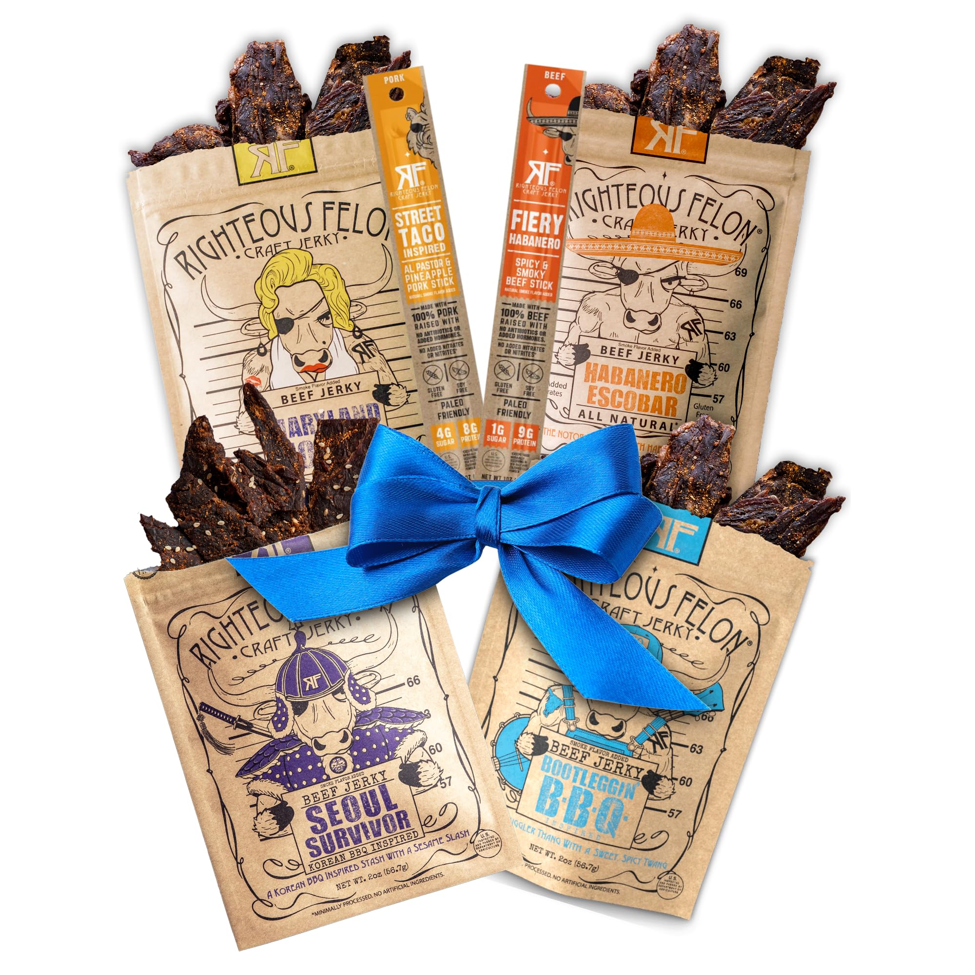Righteous Felon Beef Jerky & Meat Sticks Variety Pack - Father's Day Jerky Sampler for Dad - Gluten Free Beef Jerky Snack Packs - High Protein, Keto, Low Sugar - Gifts for Men - 11 Pack Sampler