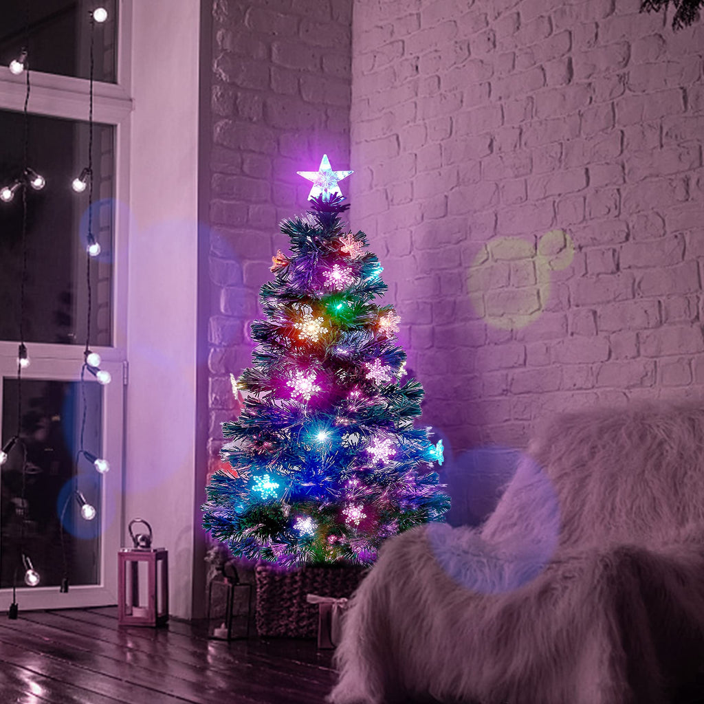 Prsildan 4 FT Artificial Christmas Tree, Pre-Lit Optical Fiber Xmas Trees with Multicolor LED Lights, Snowflakes & Top Star, Lighted Christmas Tree Holiday Home Decor