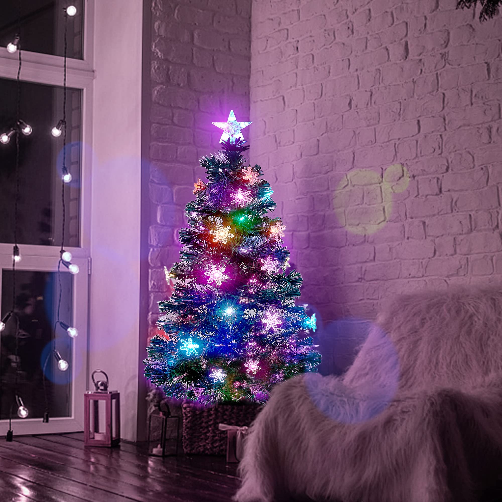 Prsildan 4 FT Artificial Christmas Tree, Pre-Lit Optical Fiber Xmas Trees with Multicolor LED Lights, Snowflakes & Top Star, Lighted Christmas Tree Holiday Home Decor