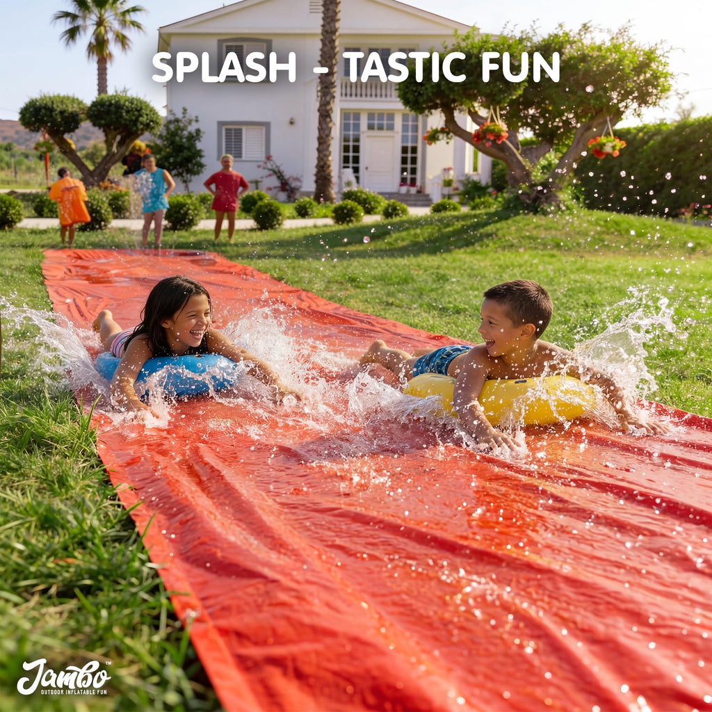 JAMBO Premium Triple Water Slide with 3 Bodyboards, 20Ft Heavy Duty Slip Splash and Slides-Advanced 3-Way Sprinkler System, Splash Pad Mat Backyard Summer Outdoor Water Toys n Long Slides for Kids