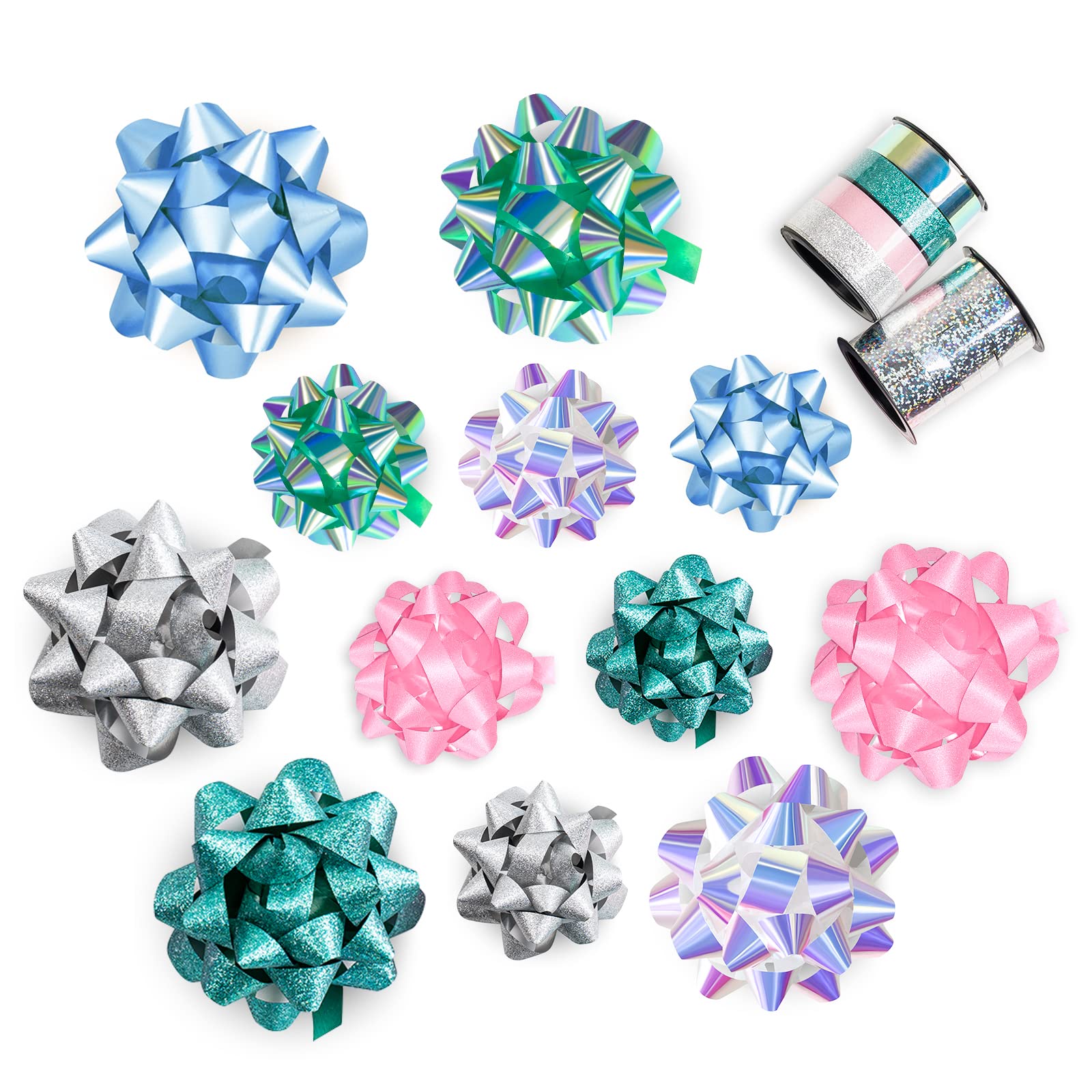 WRAPAHOLIC 14 Pcs Gift Bows Assortment - 12 Multi Colored Assorted Size Gift Bows (Purple, Pink, White, Rose Gold, Silver) and 2 Crimped Curling Ribbons, Perfect for Christmas, Holiday, Party