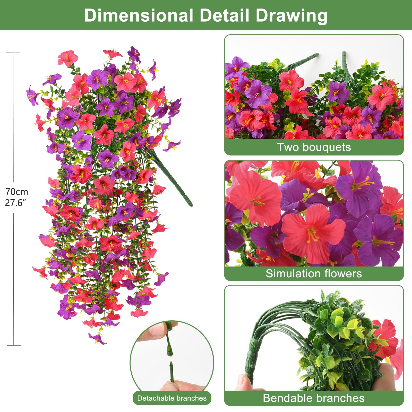Artificial Fake Flowers Plants for Outdoor Spring Summer Decoration,2 PCS Faux Silk Morning Glory with Eucalyptus Leaves,UV Resistant Realistic Outdoor Flowers for Balcony Porch Patio Yard Garden