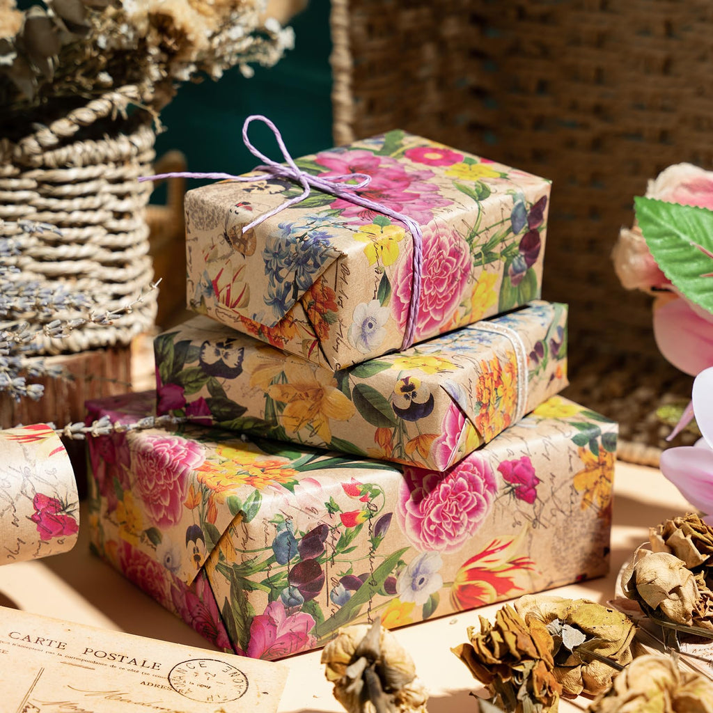 WRAPAHOLIC Kraft Floral Wrapping Paper Roll - Mini Roll - 17 Inch x 9.8 Feet - Spring Summer Garden Flower Design Perfect for Wedding, Bridal Shower, Birthday