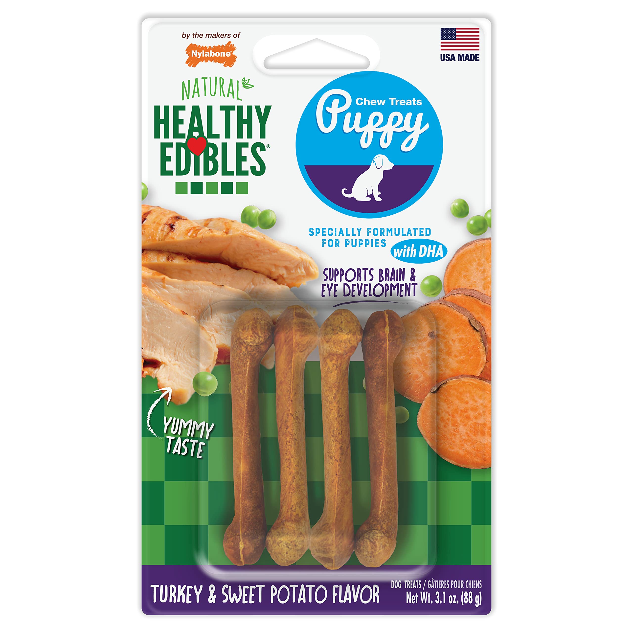 Nylabone Healthy Edibles Natural Puppy Chews Long Lasting Treats for Puppies, Roast Beef/Apple/Bacon Dog Treats, X-Small/Petite (3 Count)
