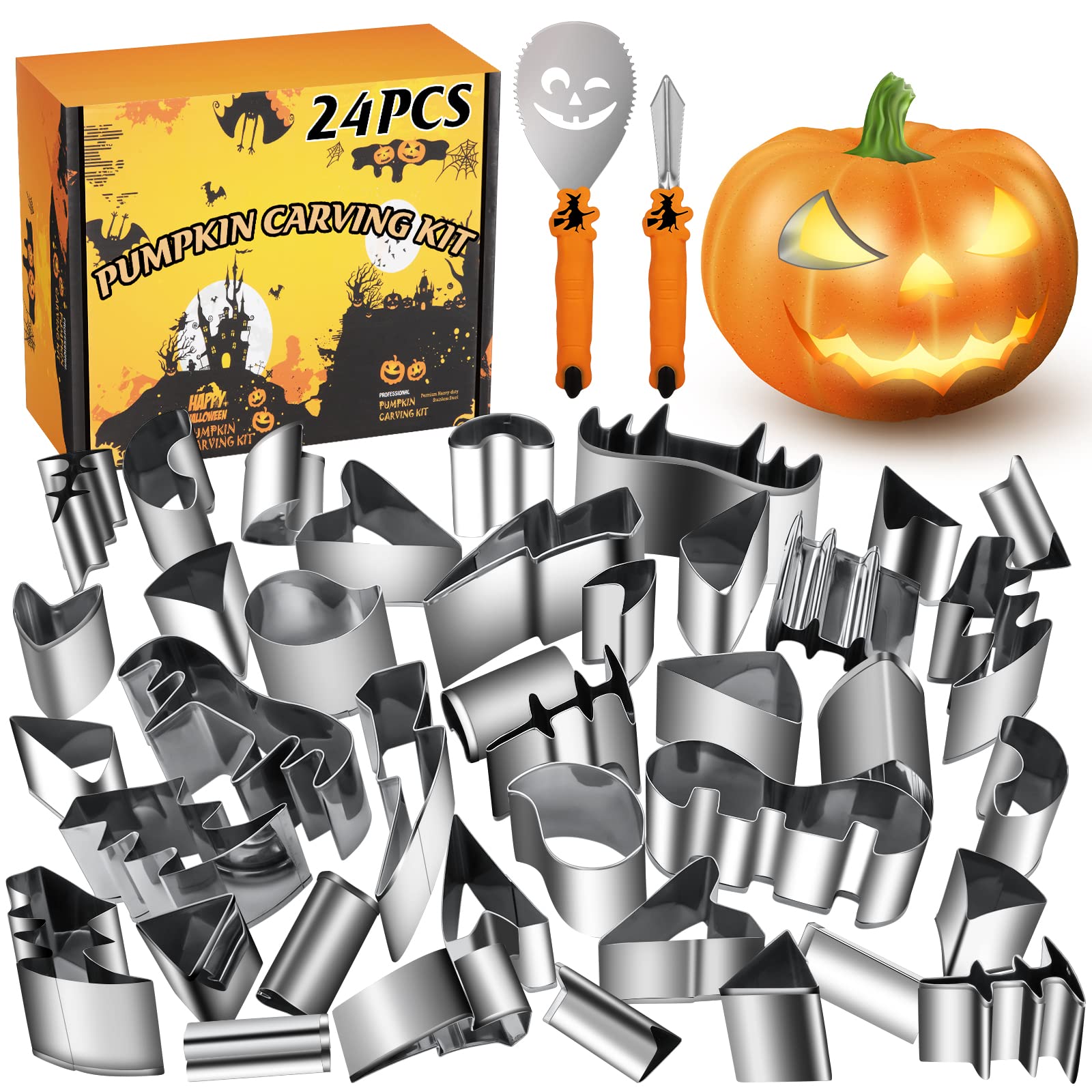 WANNTS Pumpkin Carving Kit Halloween, Safe and Easy Pumpkin Carving Set for Kids, DIY Stainless Steel Pumpkin Carving Tools for Halloween Decoration Jack-O-Lanterns, Gift for Halloween(With Hammer)