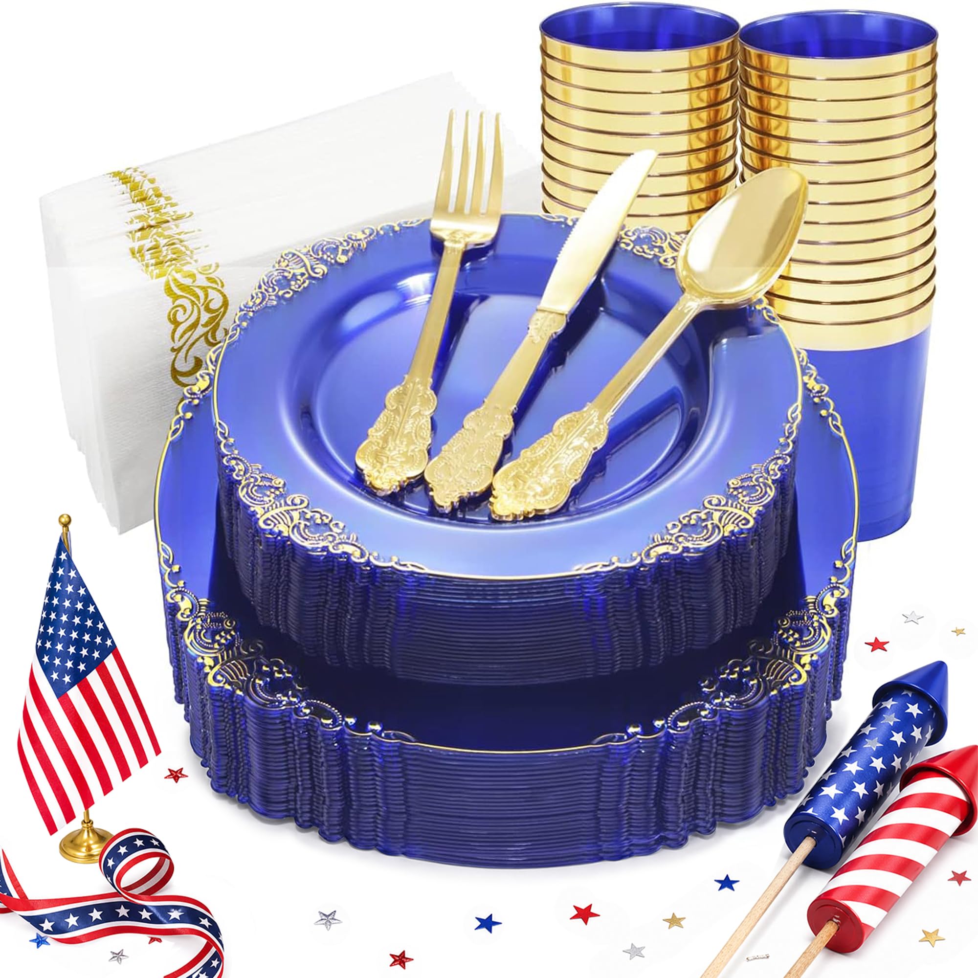 Nervure 175PCS Clear Blue Plastic Plates - Plastic Dinnerware Set Include 25Dinner Plates, 25Dessert Plates, 25Cups, 25Forks, 25Knives, 25Spoons, 25Napkins Perfect for Wedding & Party