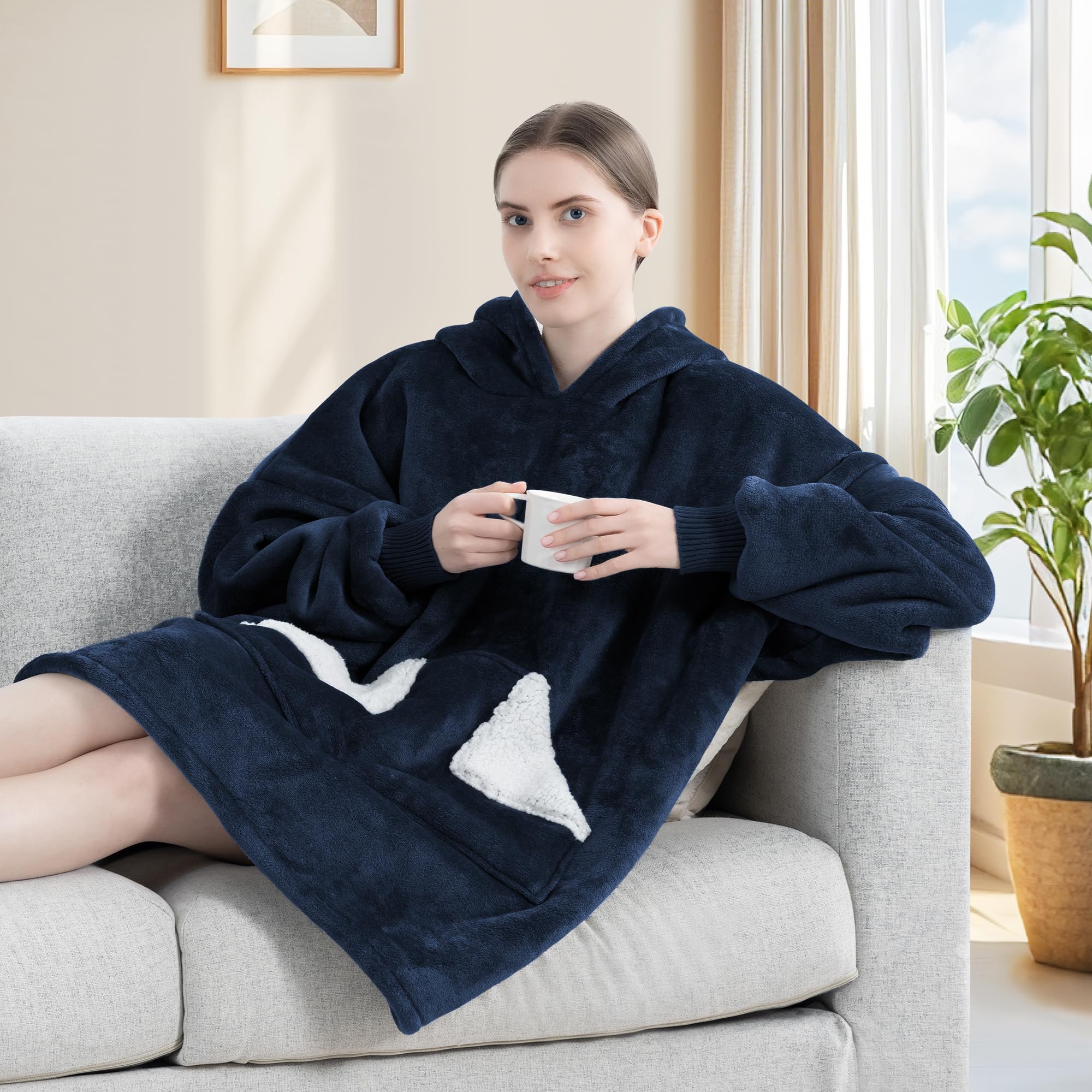Touchat Wearable Blanket Hoodie, Oversized Sherpa Fleece Sweatshirt Blanket with Giant Hood Pocket and Sleeves for Adult, Warm & Cozy Grey Blanket Gifts for Women