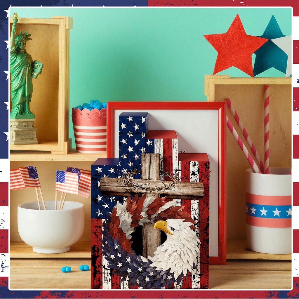 Amyhill 3 Pcs 4th of July Decorations Set Wooden Patriotic Table Centerpieces Independence Day Wood Firework Fourth of July Table Signs for 250th Anniversary Home Farmhouse Decor (Flag)