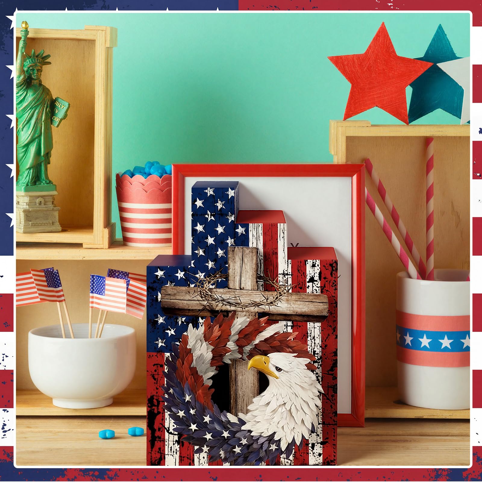 Amyhill 3 Pcs 4th of July Decorations Set Wooden Patriotic Table Centerpieces Independence Day Wood Firework Fourth of July Table Signs for 250th Anniversary Home Farmhouse Decor (Flag)