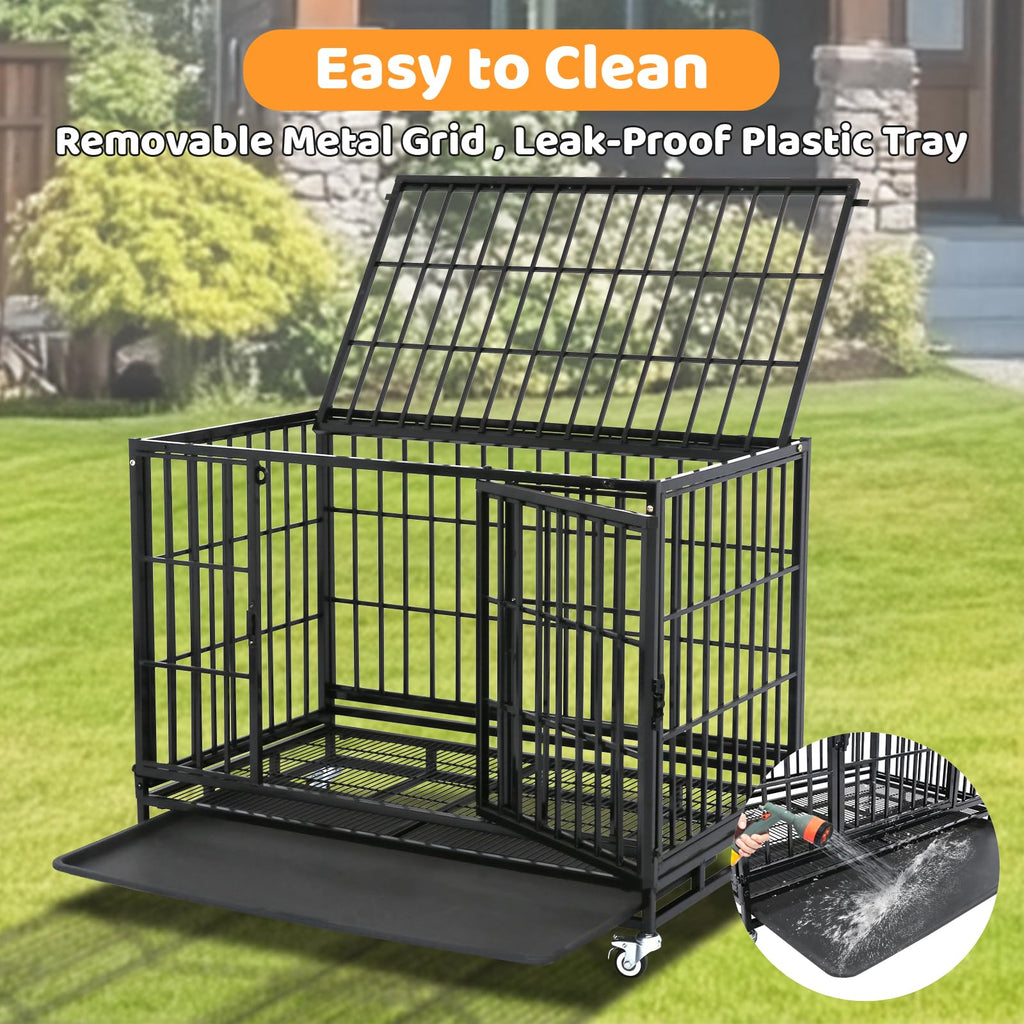 Homey Pet 37 Inch Heavy Duty Dog Crate for Medium Dogs, Stackable Dog Cage with Four Lockable Wheels, Removable Tray & Grid, Open Top, Escape Proof Dog Kennel Indoor