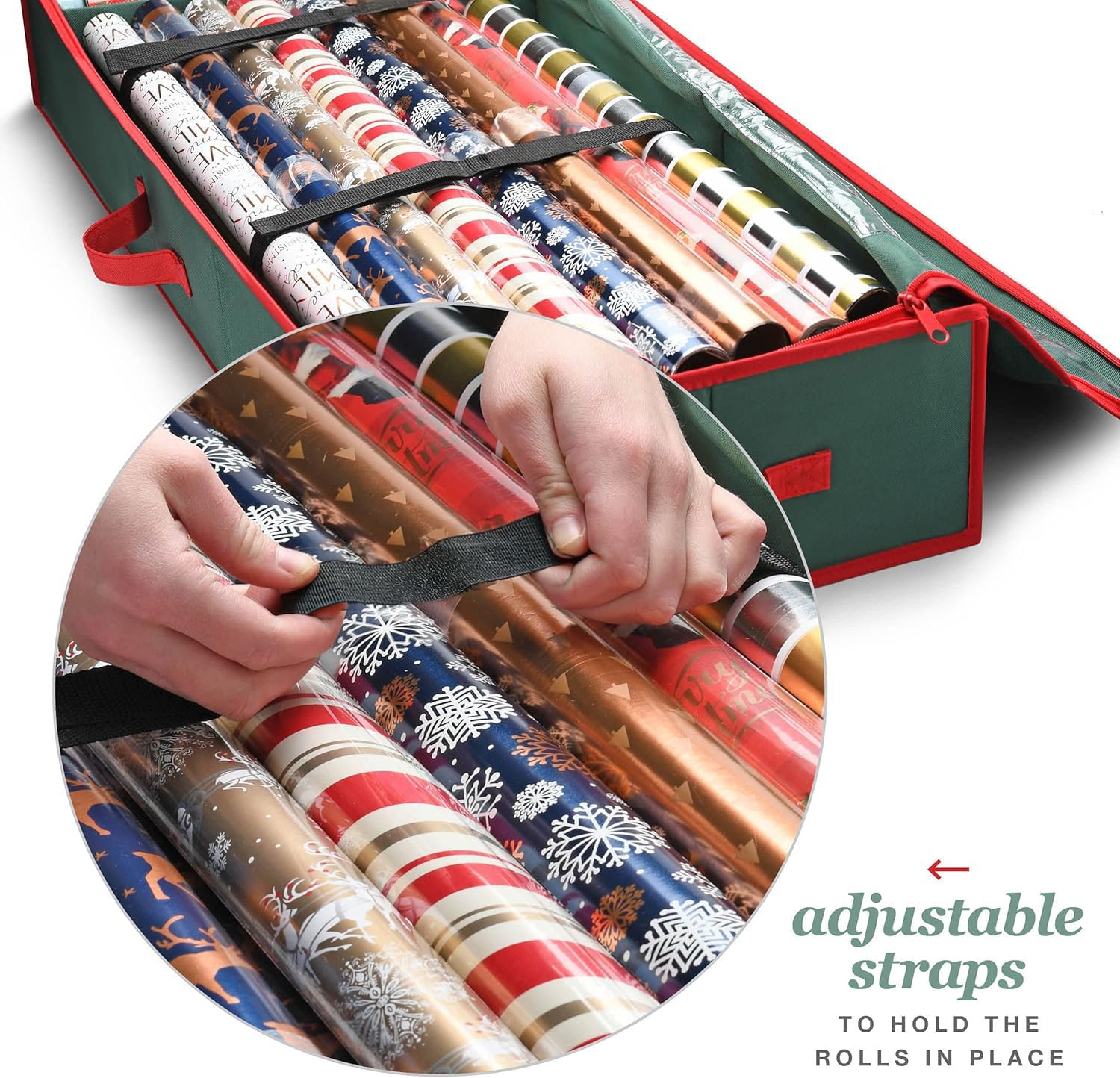 Premium Wrapping Paper Organizer Storage | Gift Wrap Holder With Extra Pockets for Christmas Decorations, Reinforced Handles, Heavy Duty, Ultra-Durable, Tear-Proof Fabric - Fits Up to 27 Rolls (Red)