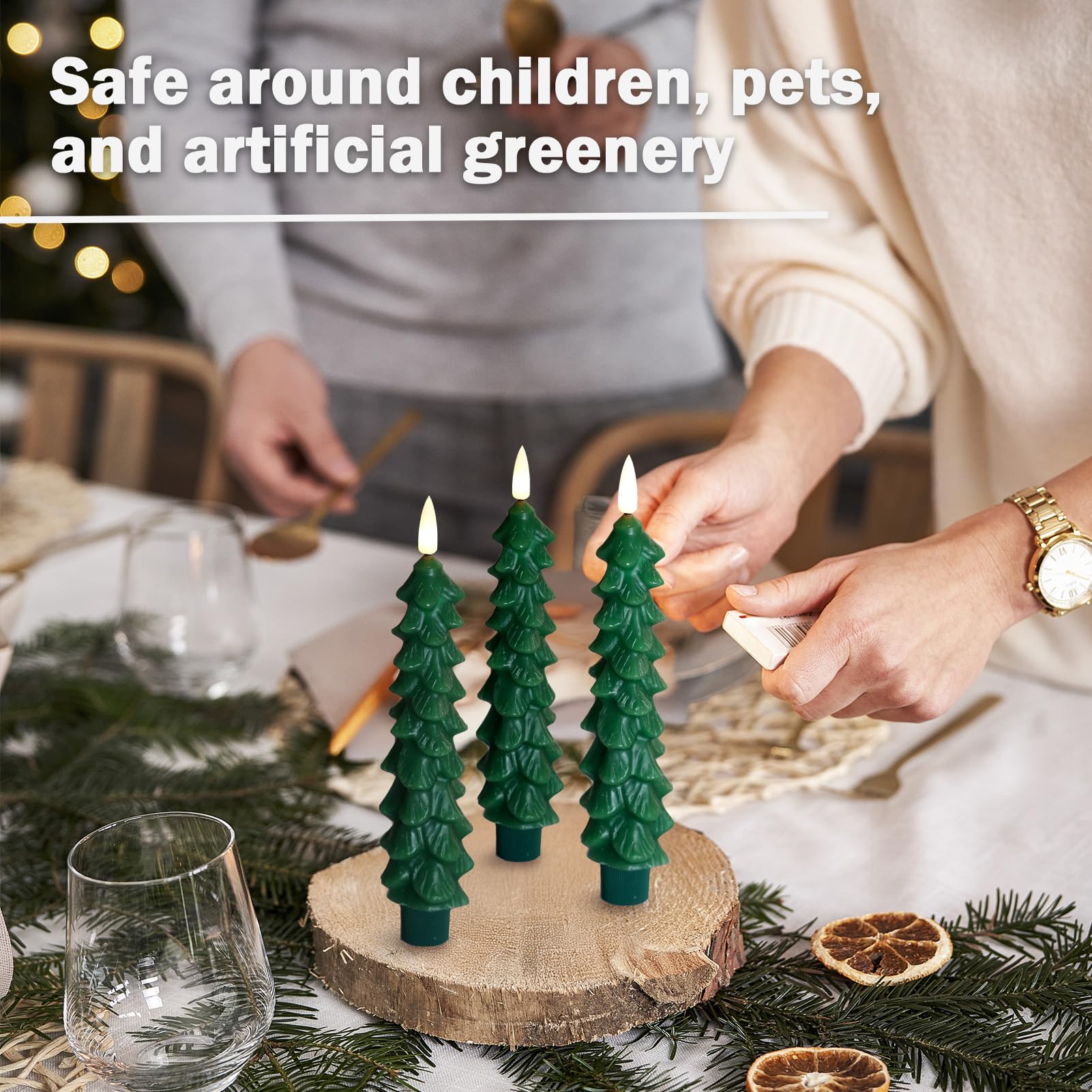FPOO Christmas Decorations Indoor, 3 PCS Waxy Christmas Tree Candles with Remote Timer, Battery LED Candlesticks for Window, Table Centerpiece, Xmas Decor, Gift (7.5 inches)