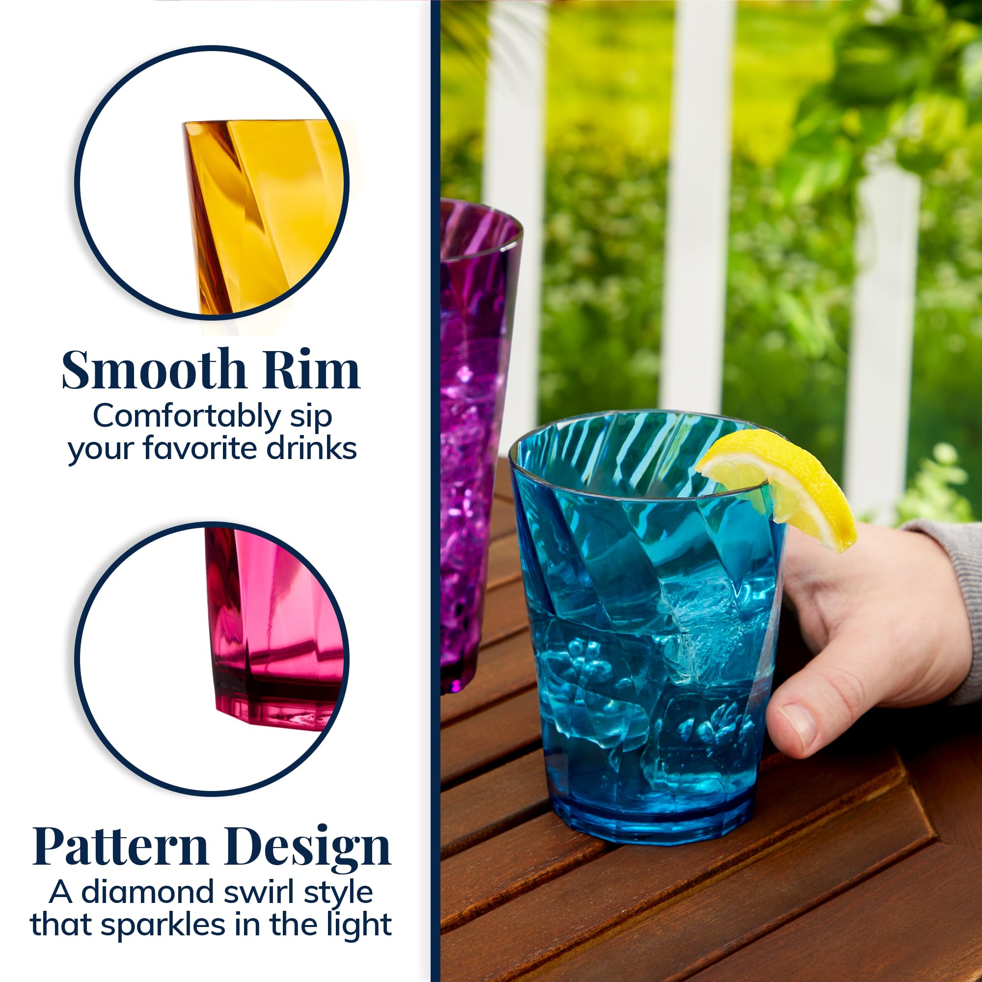 US Acrylic Optix Plastic Reusable Drinking Glasses (Set of 8) 20oz Water Cups in Jewel Tone Colors | BPA-Free Tumblers, Made in USA | Top-Rack Dishwasher Safe