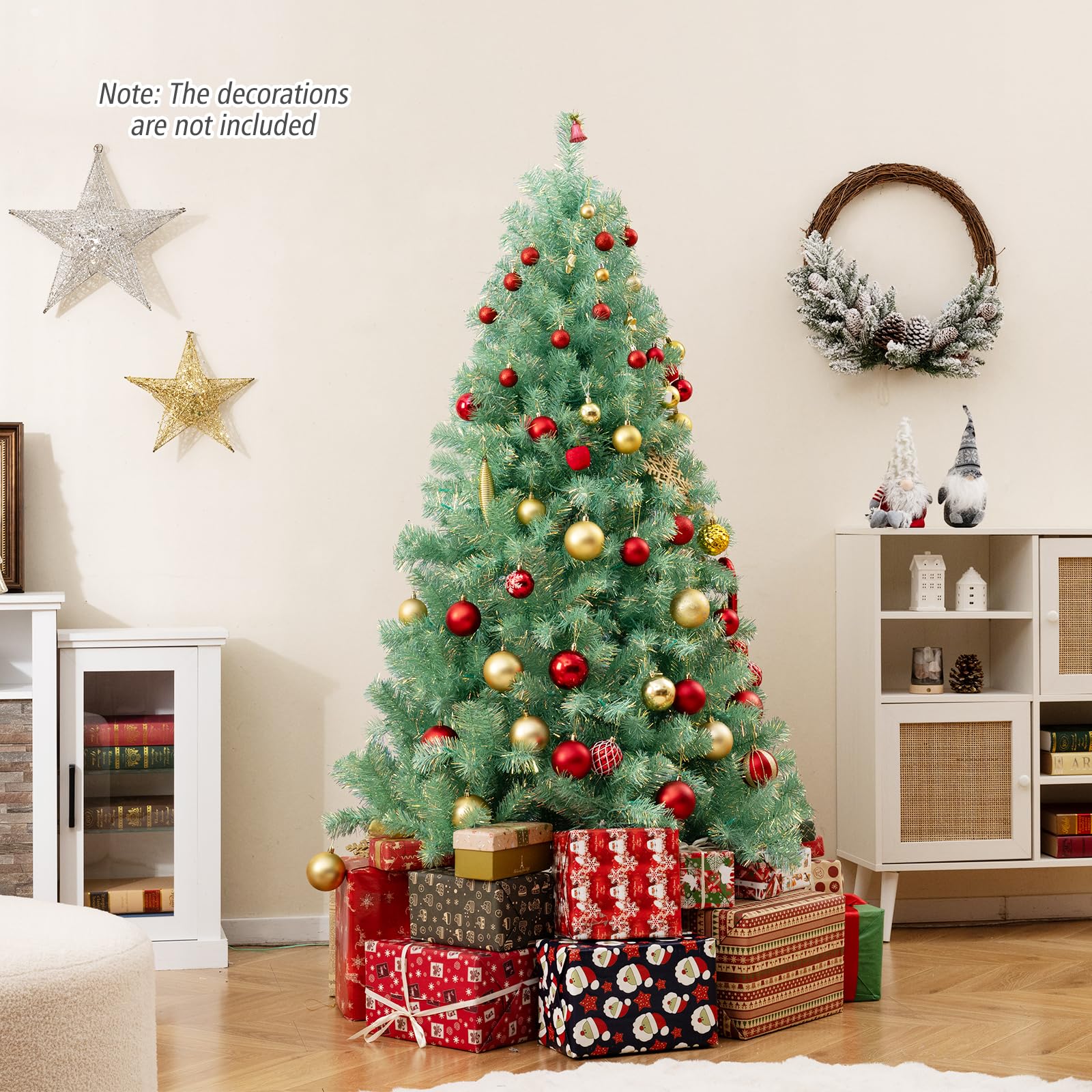Goplus 7FT Pre-Lit Artificial Christmas Tree Auto-Spread/Close up Branches 11 Flash Modes with Multicolored 400 LED Lights & Metal Stand