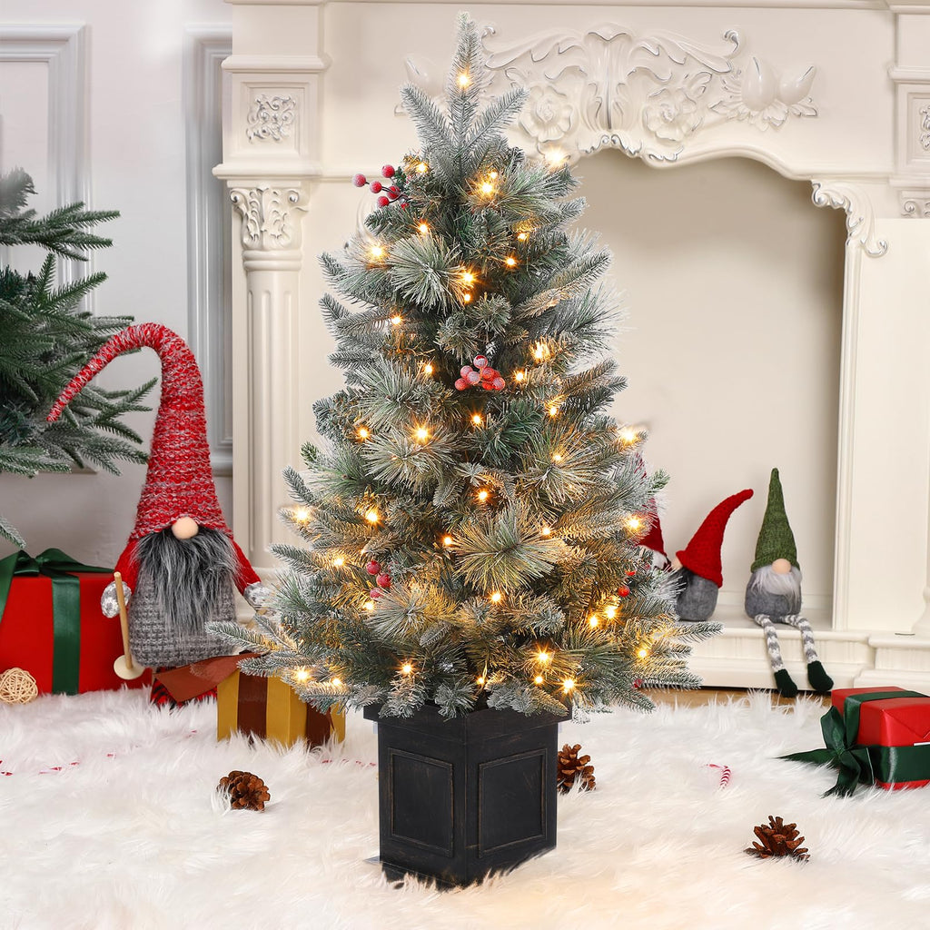 3FT Prelit Premium Snow Flocked Artificial Christmas Tree with Warm White LED, Mini Prelit Xmas Pine Tree for Christmas Decoration,Yard,Home,Office,Outdoor,Indoor,8 Mode Snowflake White Base- 1PC