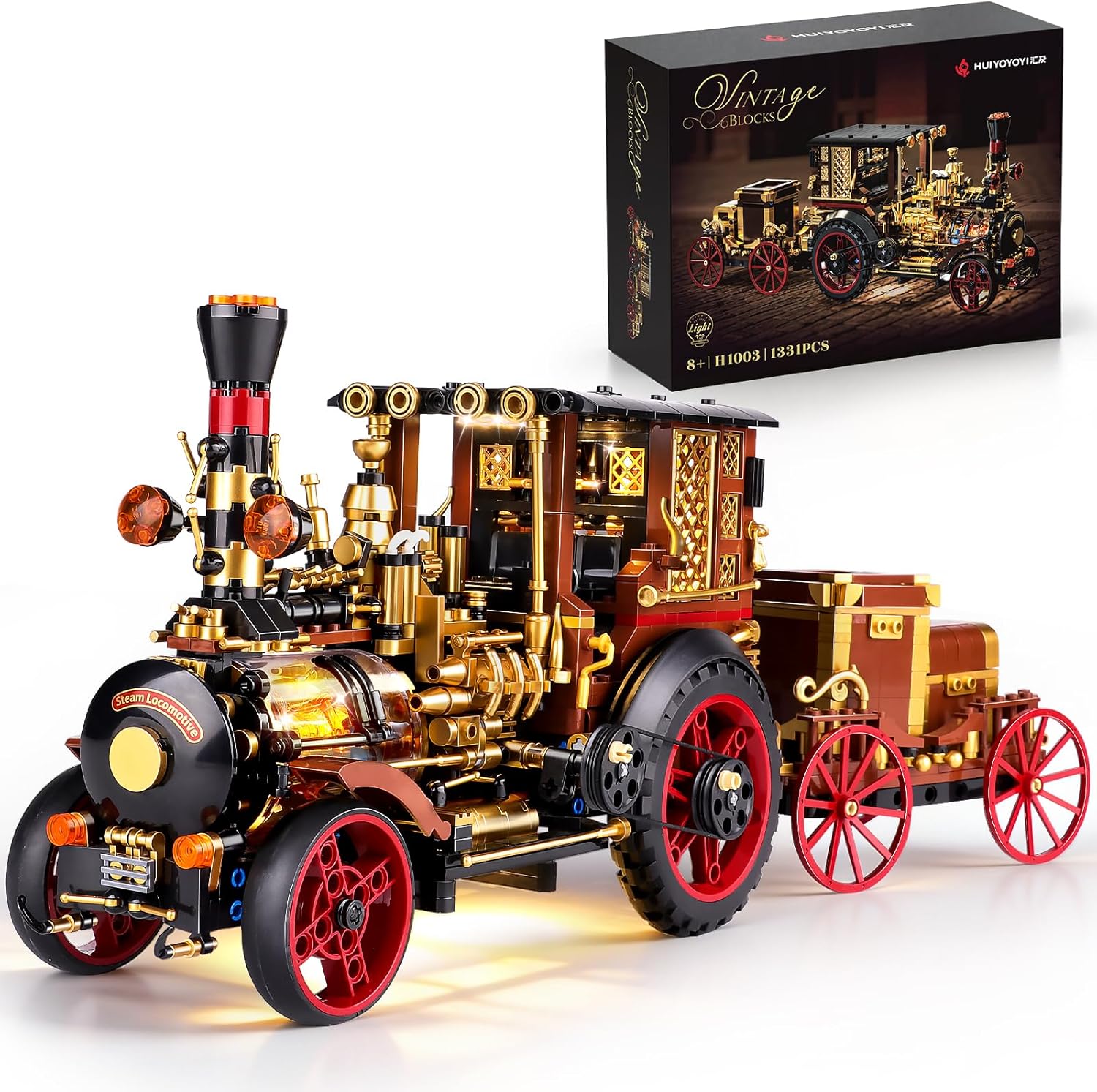 OWNONE 1 Vintage Car Steam Engine Building Blocks Set with Lights, Western Retro Steam Tractor Locomotive Model Building Kit for Vintage & West Lovers, Creative Home Office Decor Gift for Adults Teens