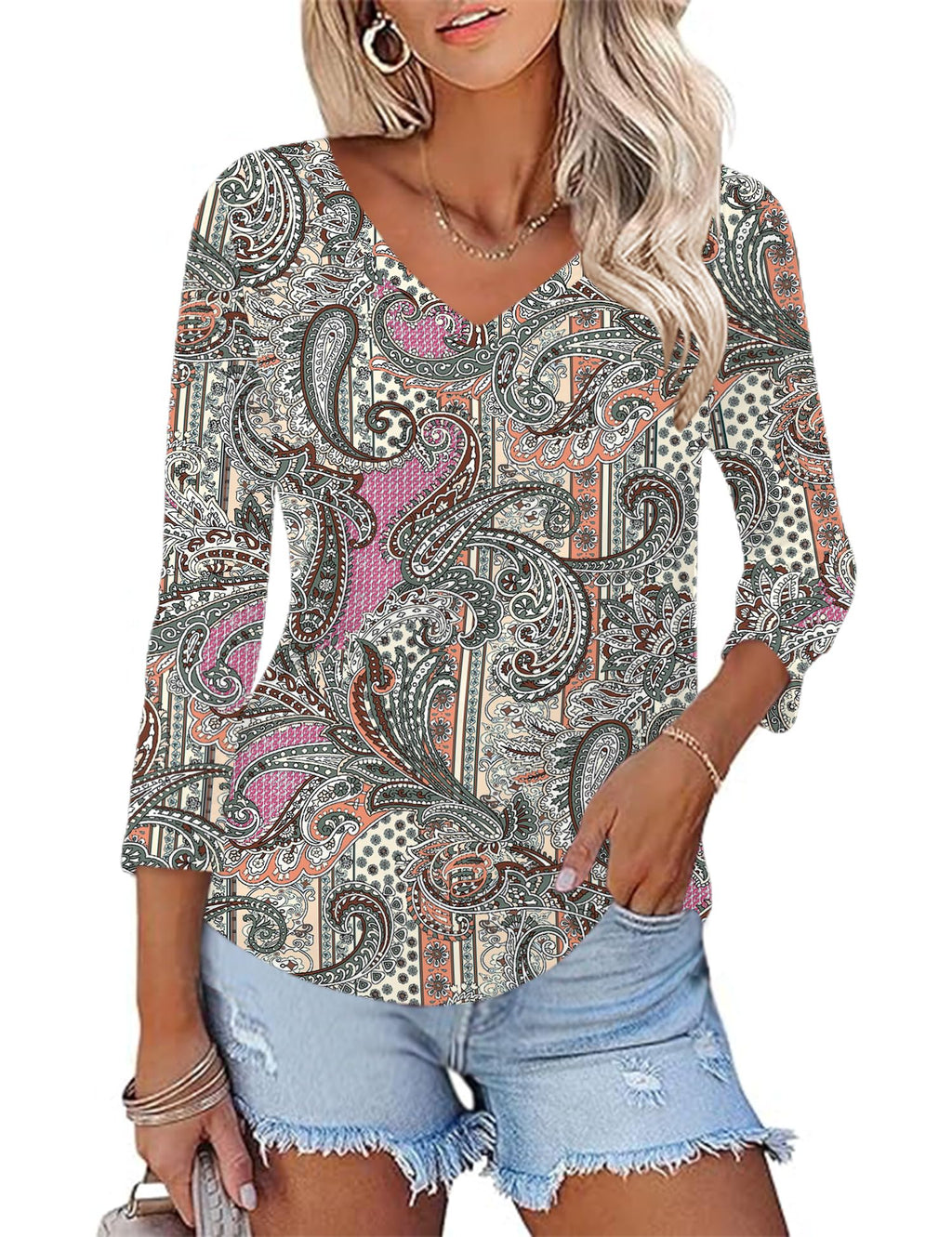KTILG Women's V Neck T Shirts 3/4 Sleeve Blouse Summer Tops Dressy Casual Solid Basic Tees