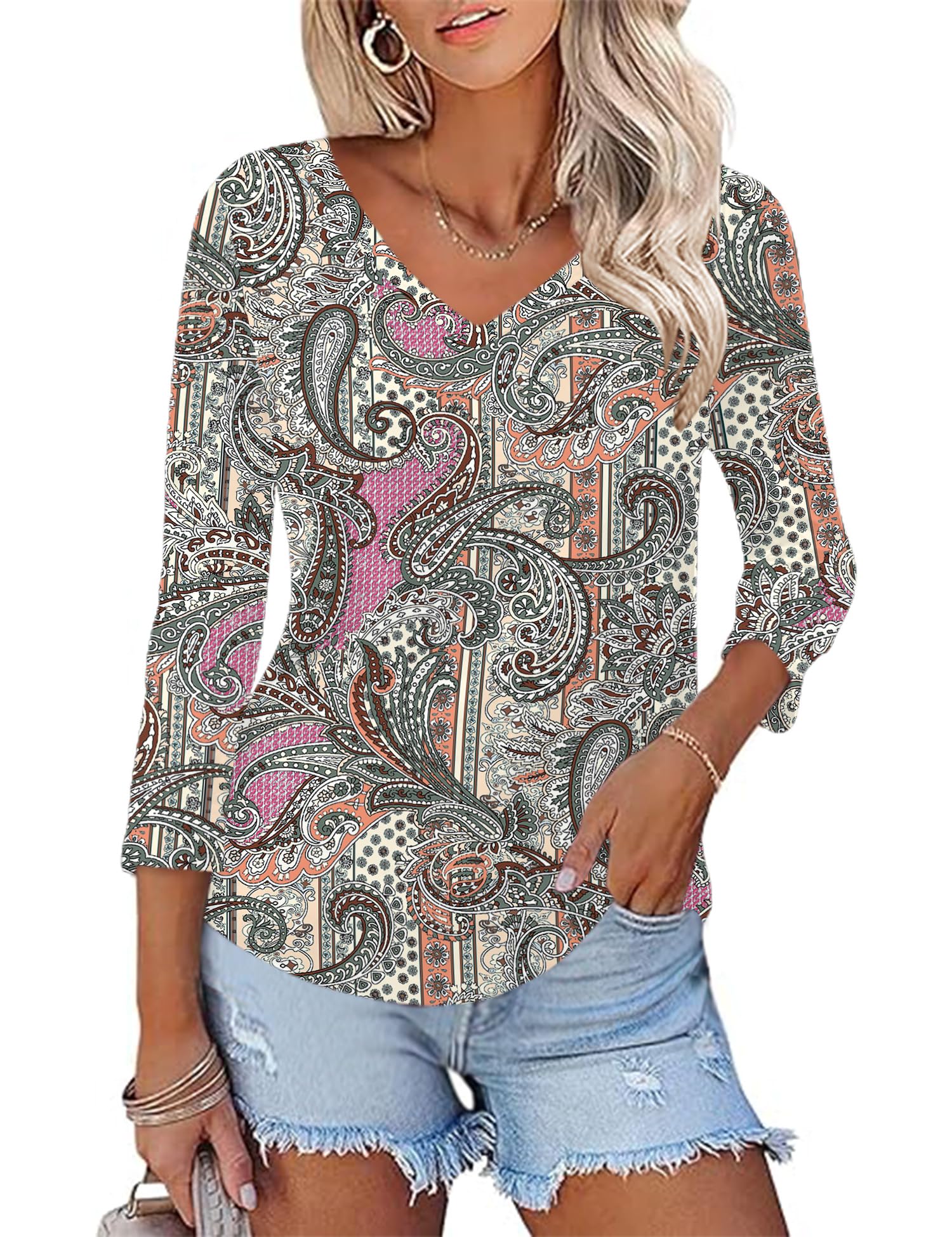 KTILG Women's V Neck T Shirts 3/4 Sleeve Blouse Summer Tops Dressy Casual Solid Basic Tees