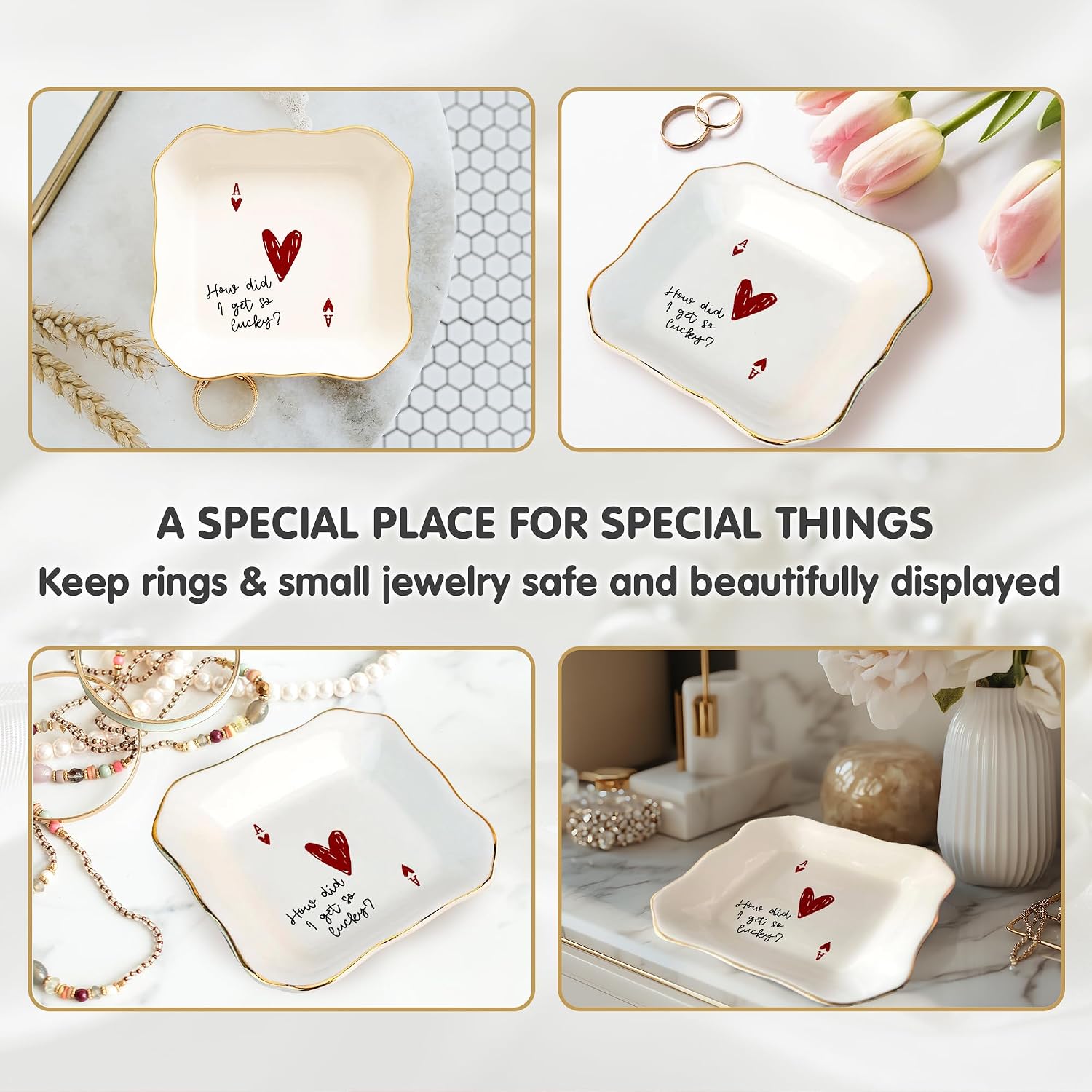 Funny Love Jewelry Dish with Heart Playing Card – “How Did I Get So Lucky?” Romantic Trinket Dish for Couples – Cute Anniversary, Valentine’s Day, Wedding Gift for Wife, Husband, Girlfriend, Boyfriend