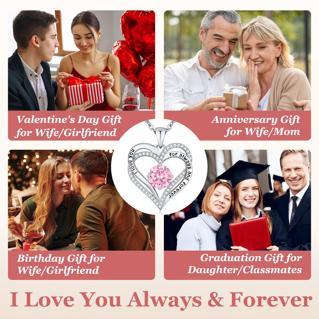 CDE Forever Love Heart Necklaces for Women, Wedding Anniversary, Valentine's，Birthday Mothers Christmas Day Gifts for Mom, Mother, Wife, S925 Silver Jewelry with Birthstone Pendant