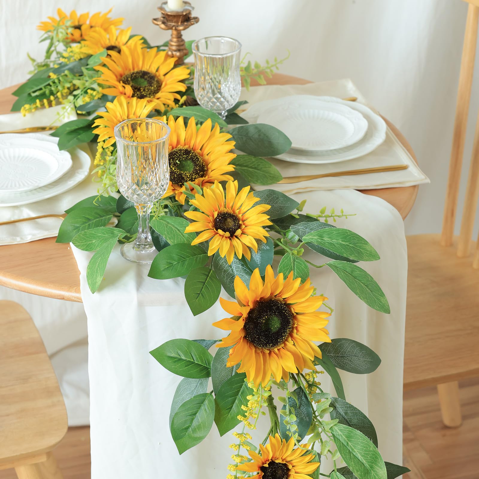 Mizii Artificial Sunflower Garland 6FT Fake Silk Sunflowers Flower Garland Autumn Hanging Vines Decorations for Kitchen Table Centerpieces Room Wall Party Wedding Birthday Fall Decor (Orange)